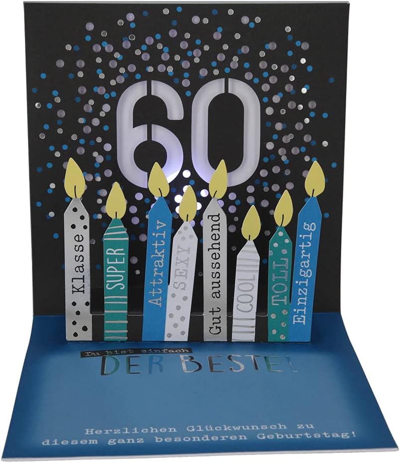 Depesche 0011694-010 Pop-Up Greeting Card for 60th Birthday Folding Card with Music Light Elements and an Original Saying 15.5 x 15.5 cm