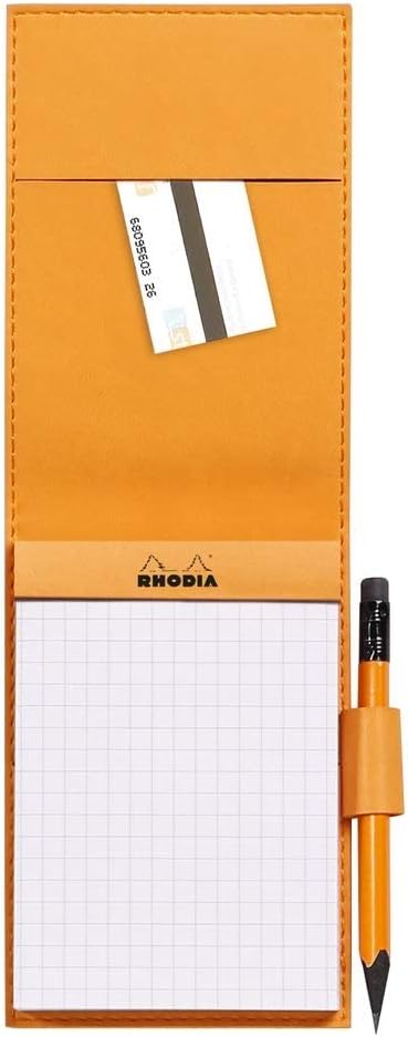 RHODIA 118114C - Case Clipboard + Stapled Notepad N°11 Tangerine - A7 - Small Squares - 80 Detachable Sheets - White Clairefontaine Paper 80G - Pencil Holder - Faux Leather - Rhodiarama Tangerine A7 Squared