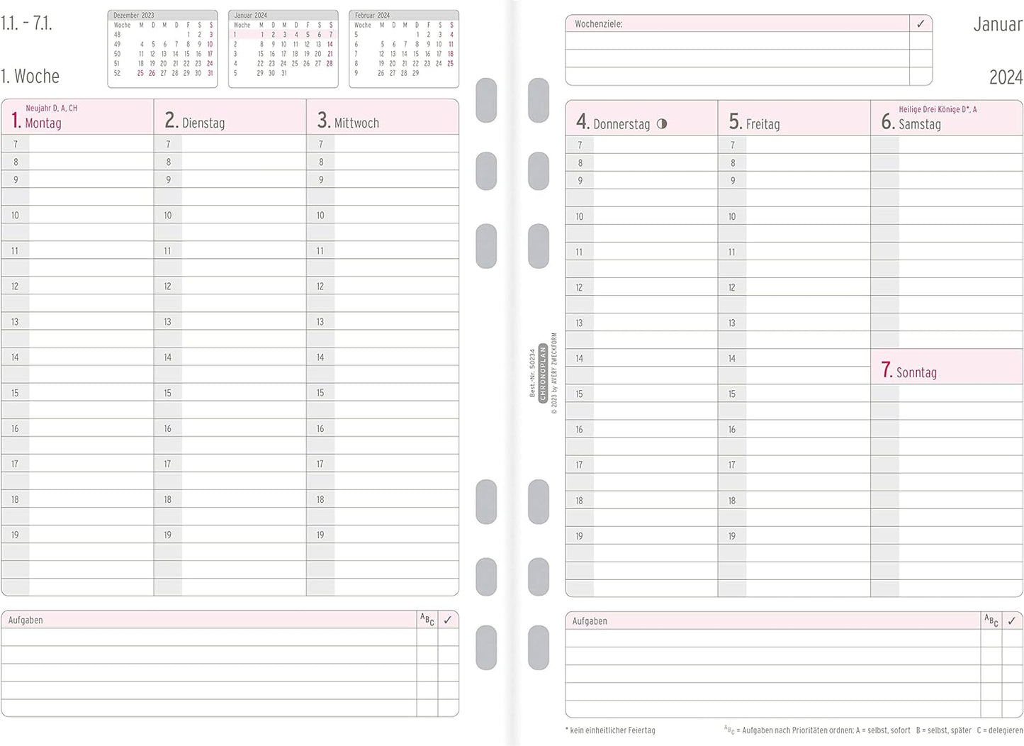 Chronoplan 50234 Calendar Insert 2024 (Weekly Plan A5 (148 x 210 mm) Replacement Calendar for Appointment Planner, Ideal for Detailed Weekly Planning, 1 Week on 2 Pages in Columns, with Universal