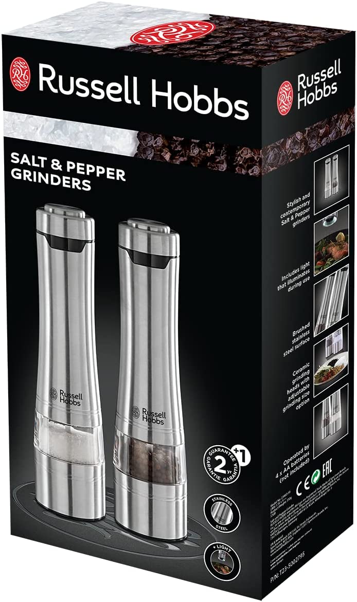 Russell Hobbs Electric Salt and Pepper Mill Set, Adjustable Mill - Brushed Steel