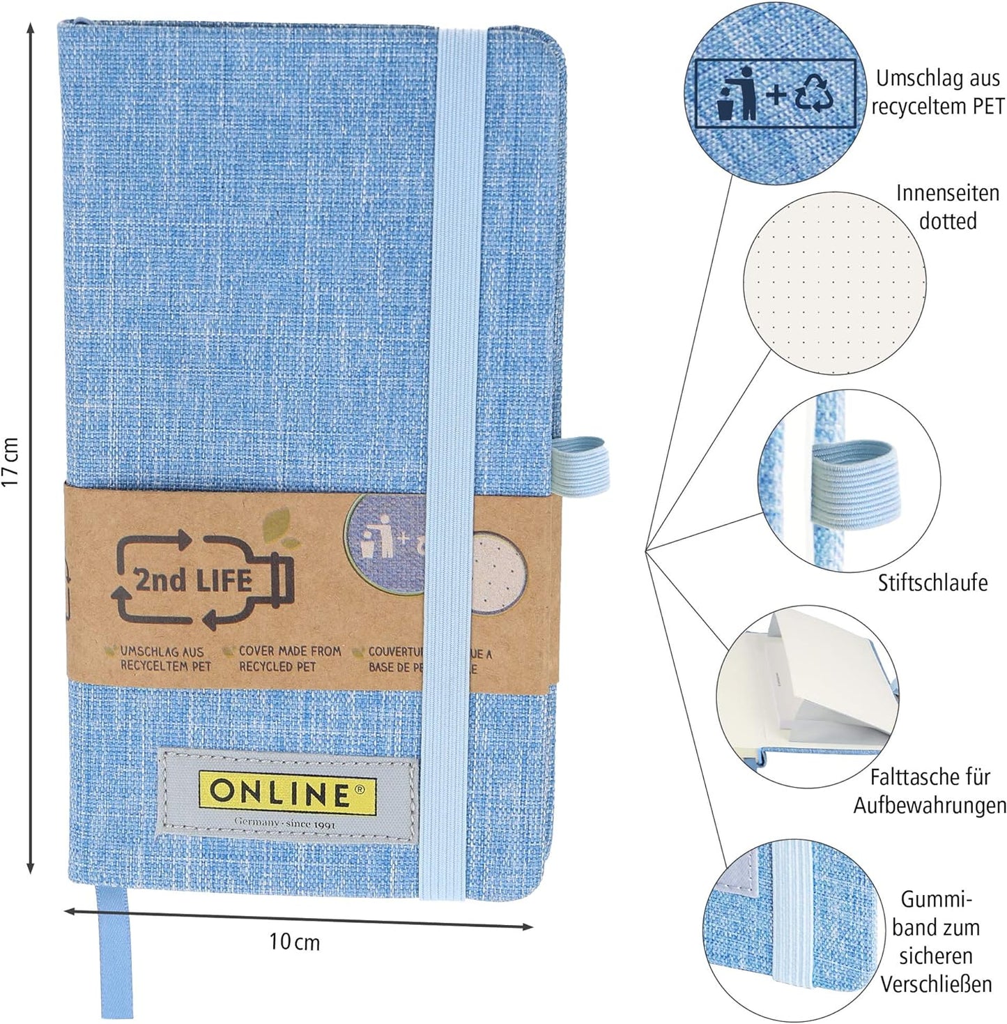 ONLINE 04072/6 Notebook DIN A6 2nd Life, Envelope Made from Recycled PET for a Clean Environment, FSC Paper 80 g/m² Dots, 96 Sheets Notebook A6