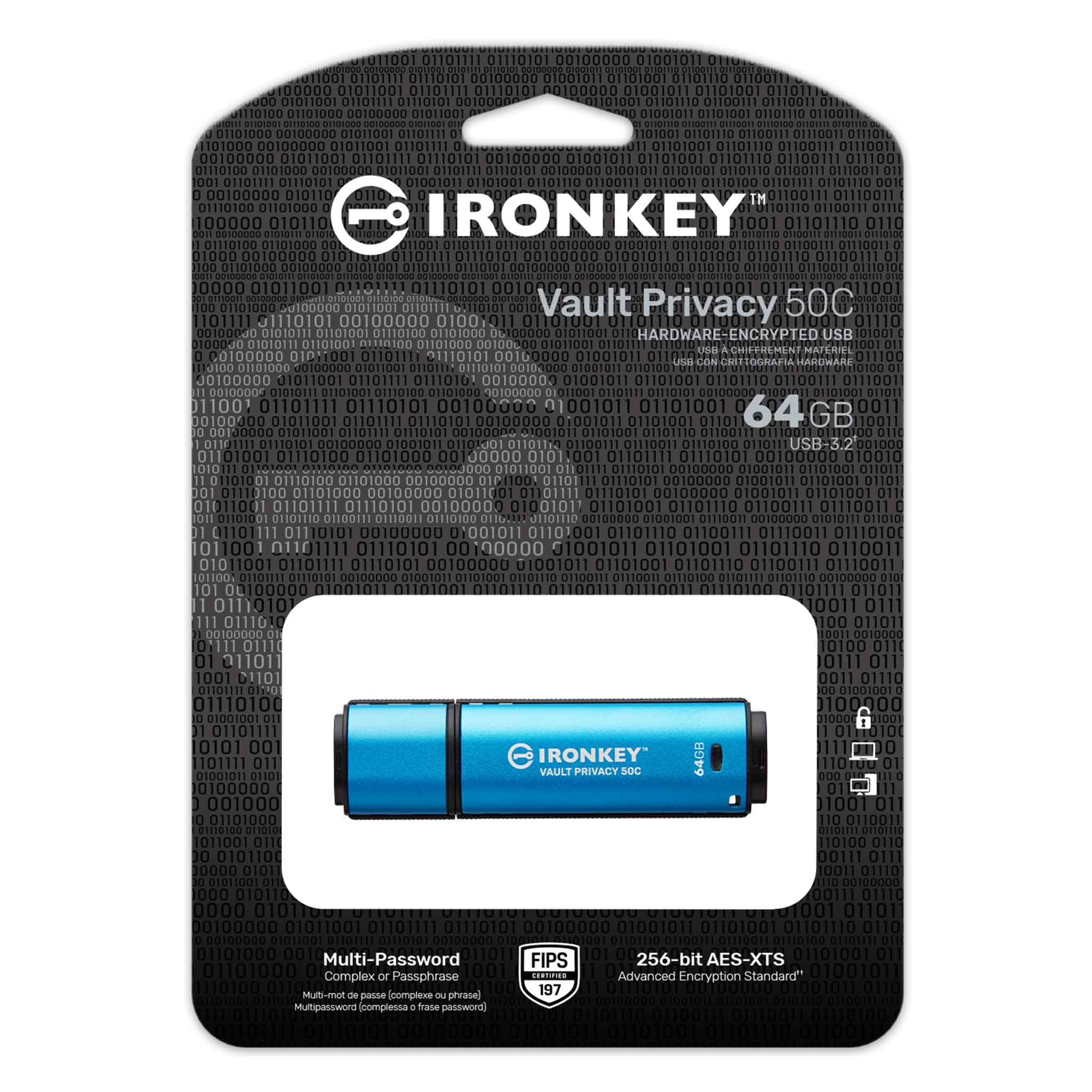 Kingston Technology IronKey VP50 USB flash drive 64 GB USB Type-C 3.2 Gen 1 (3.1 Gen 1) Black, Blue