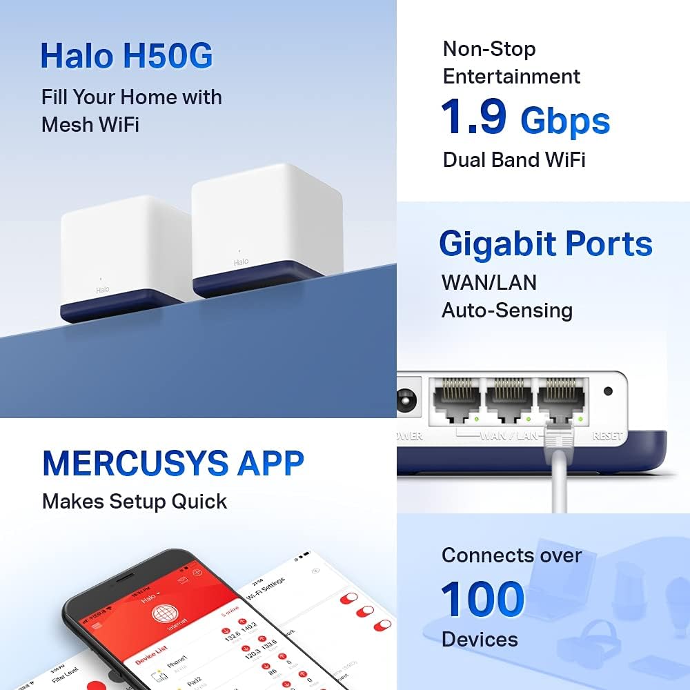 Mercusys AC1900 Whole Home Mesh Wi-Fi System, Coverage up to 4,000 ft² (350 m²) Connect over 100 Devices, Full Gigabit Ports, Dual Band Wi-Fi, Easy App Control, Halo H50G(2-pack) AC1900 Mesh(2-pack)|Plus