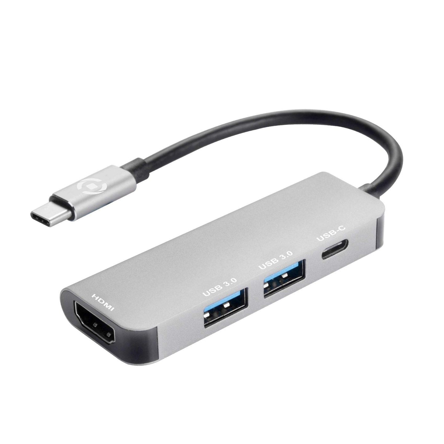 Celly USB-C to HDMI Adapter, 2X USB 3.0, USB-C, Multiport Hub with Aluminium Finish for Transferring Data and Charging Devices 2 x USB 3.0/USB-C