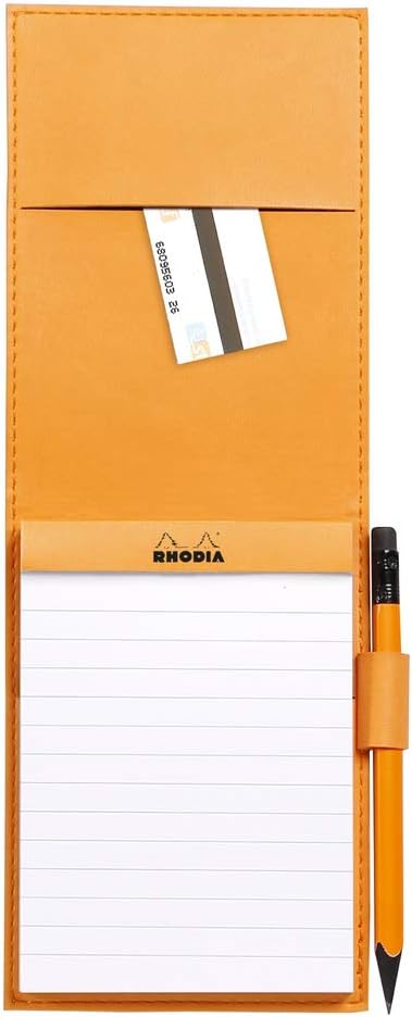 RHODIA 128205C - Clipboard Case + Stapled Notepad No. 12 Beige - 8.5x12 cm - Lined - 80 Detachable Sheets - White Clairefontaine Paper 80 g/m - Pencil Holder - Faux Leather - Rhodiarama Collection Beige A7+ Lined