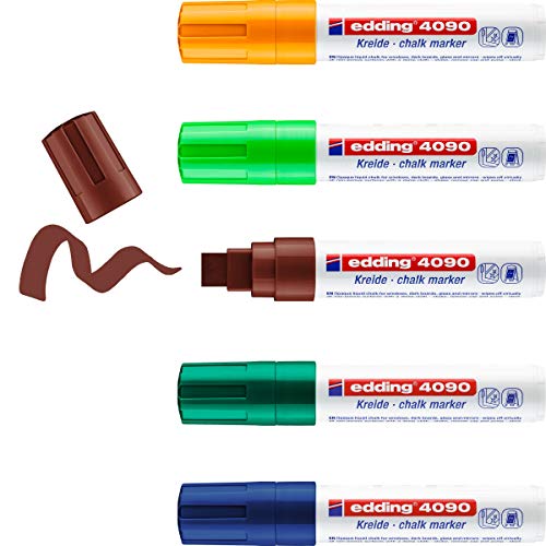 edding 4090 chalk marker - multi-colored - 5 chalk pens - chisel nib 4-15 mm - wet wipe pen for chalkboards, windows, glass, mirrors - liquid chalk marker pens for opaque coverage 02: 5 Pens - Multicolored