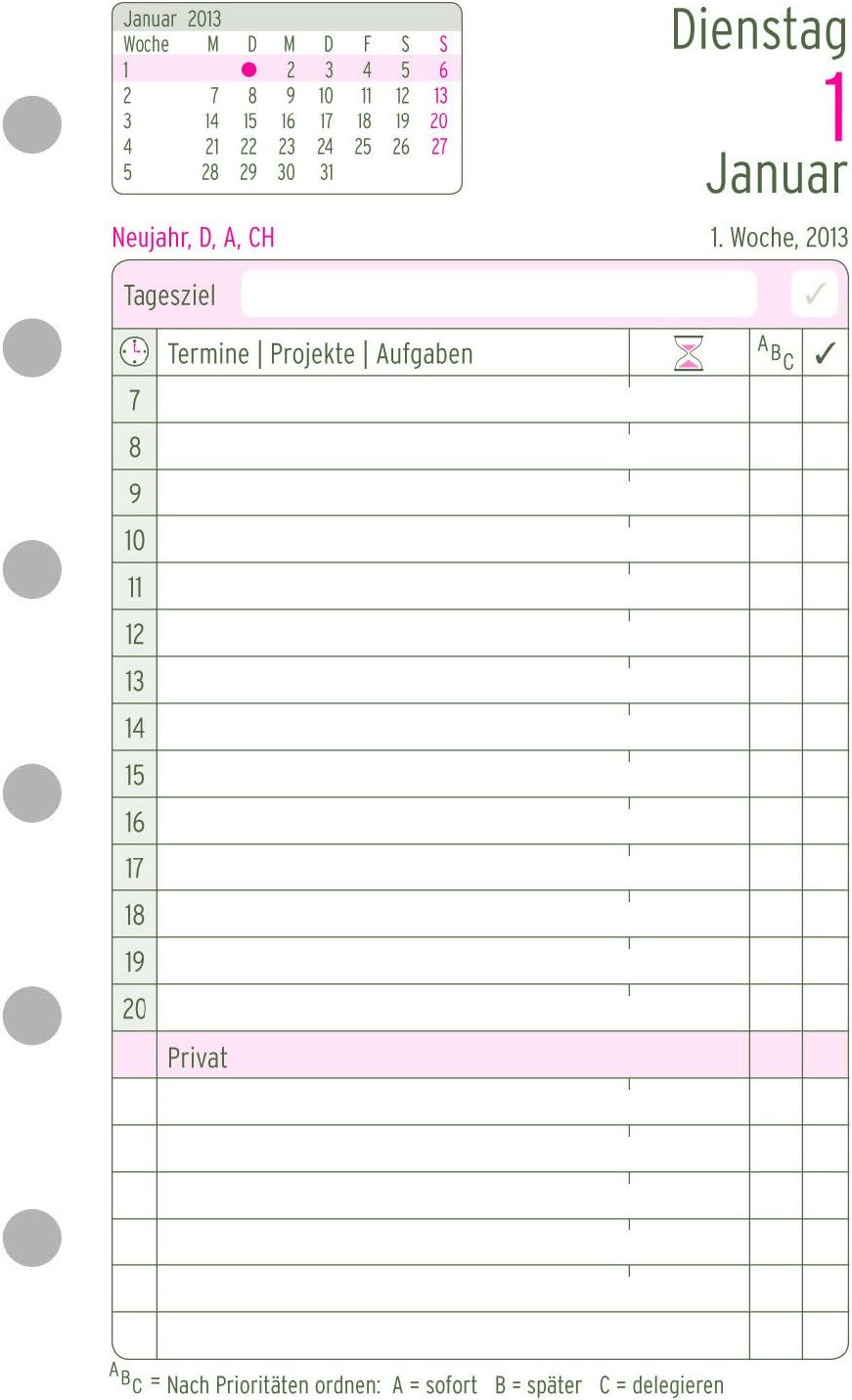 Avery Dennison Zweckform Chronoplan 50603 Mini Day Planner 2013 / 1 Day for 1 Page / White (In German) 2023 Single Mini