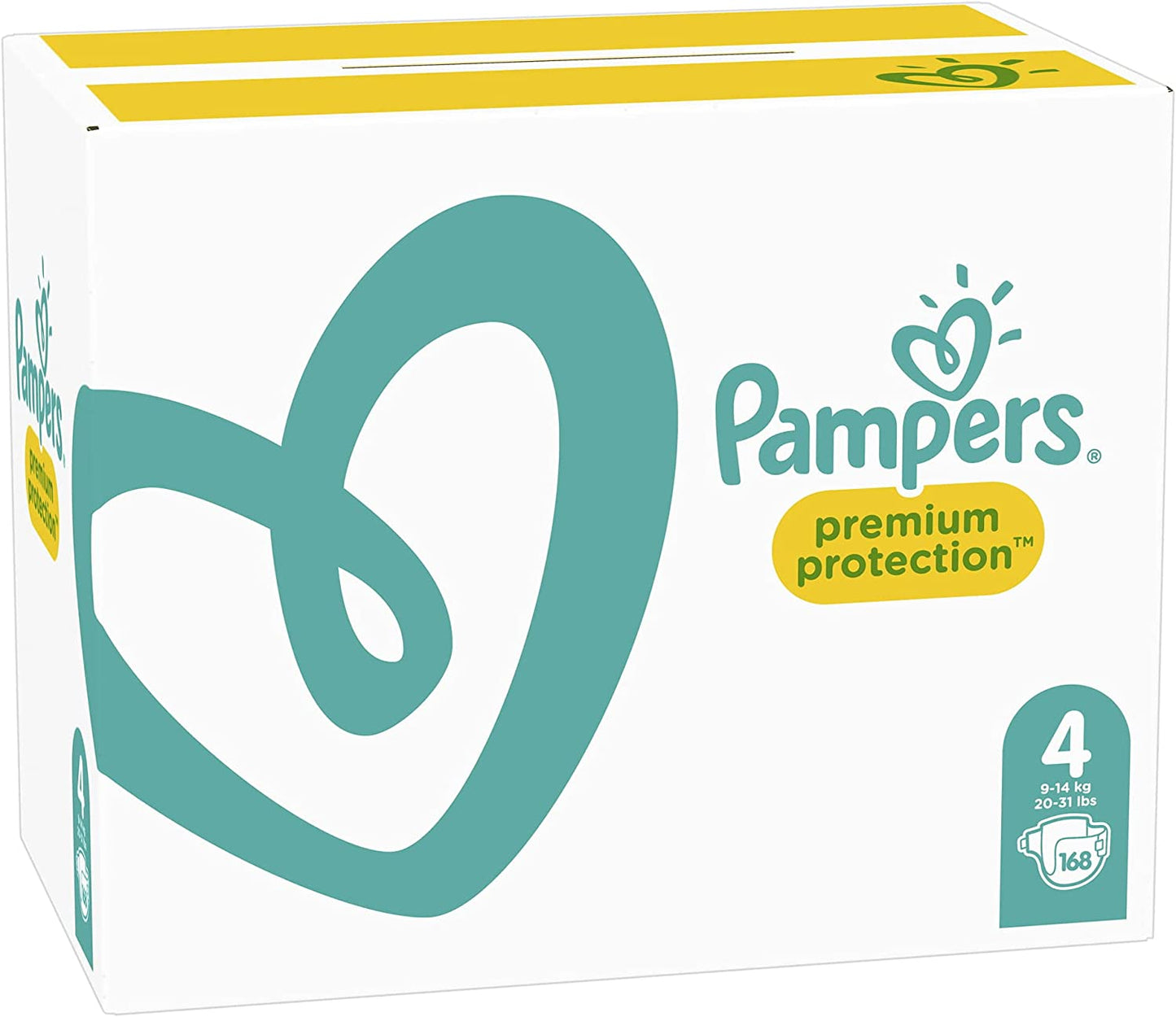 Pampers Maat 4 Premium Protection Luiers, 168 Stuks, MAANDBOX, onze Nummer 1 Luier voor Zachtheid en Bescherming van de Gevoelige Huid (9-14 kg), de verpakking kan variëren