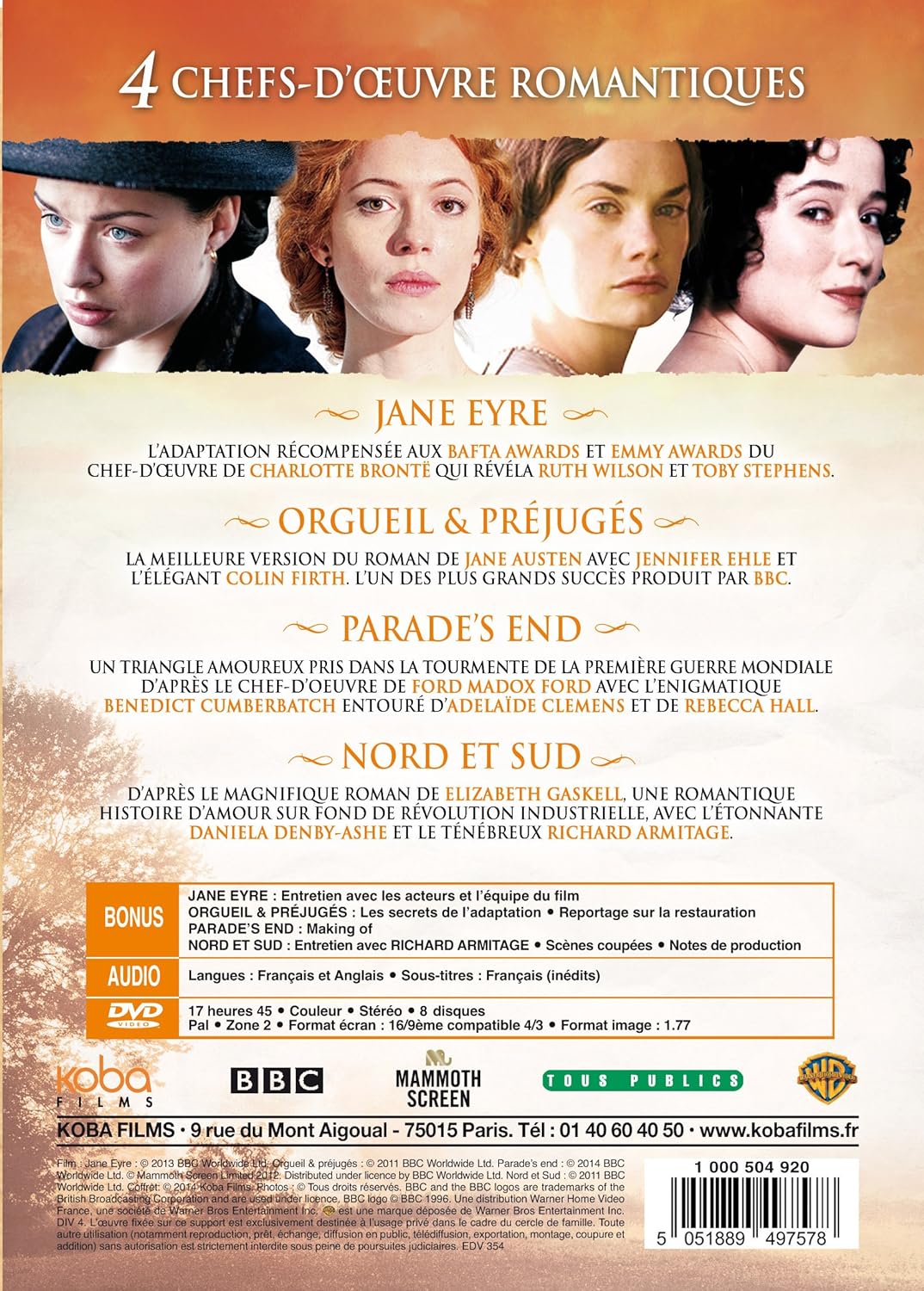 Les chefs-d'oeuvre inédits de BBC : orgueil et préjugés + nord et sud + parade's end + jane eyre