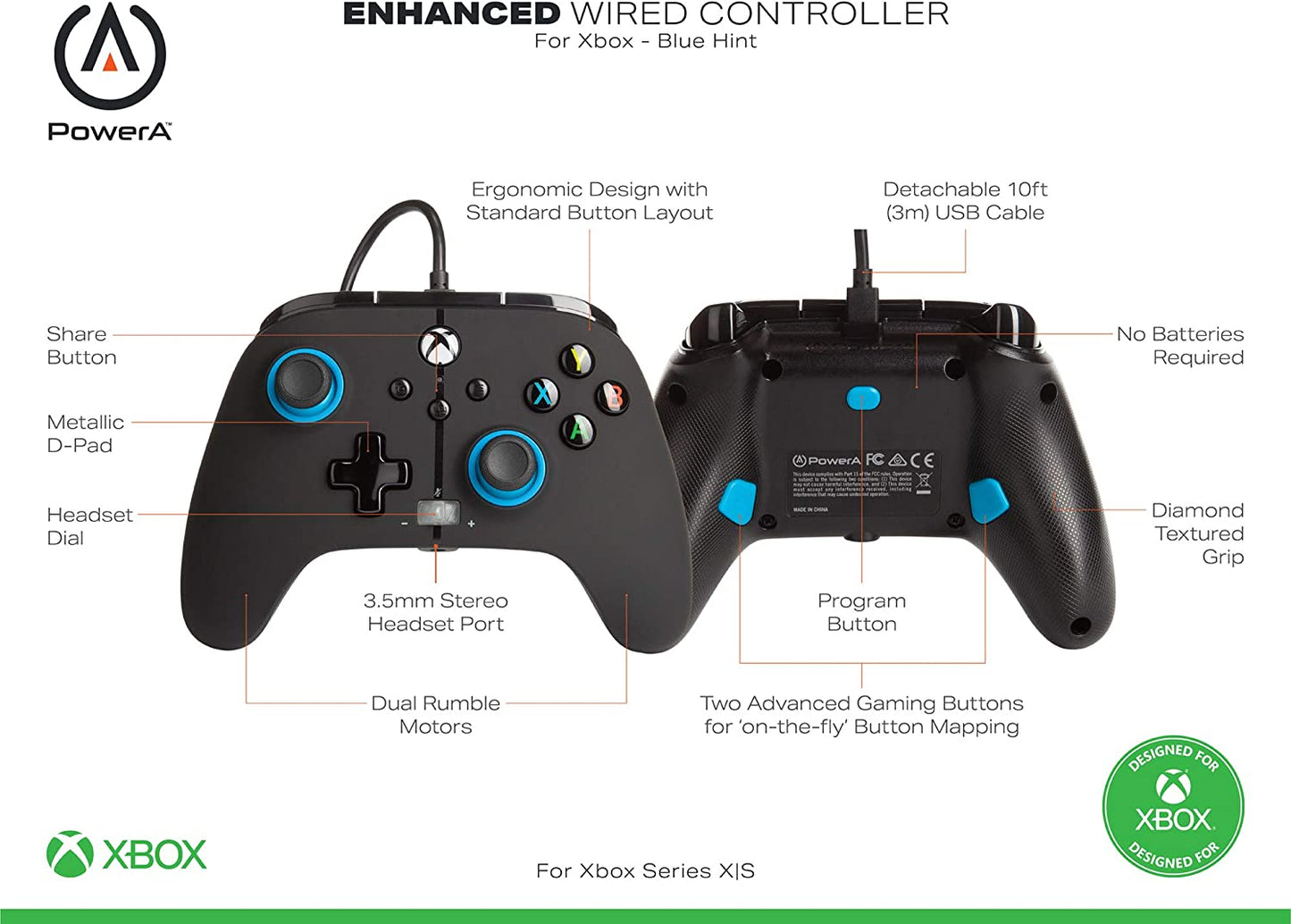 PowerA Enhanced Wired Controller for Xbox - Blue Hint, Gamepad, Wired Video Game Controller, Gaming Controller, Xbox Series X|S Blauer Hinweis