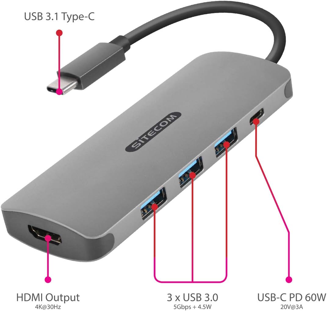 Sitecom USB-C to HDMI Adapter - with USB-C Power Delivery + 3 USB 3.0 Ports