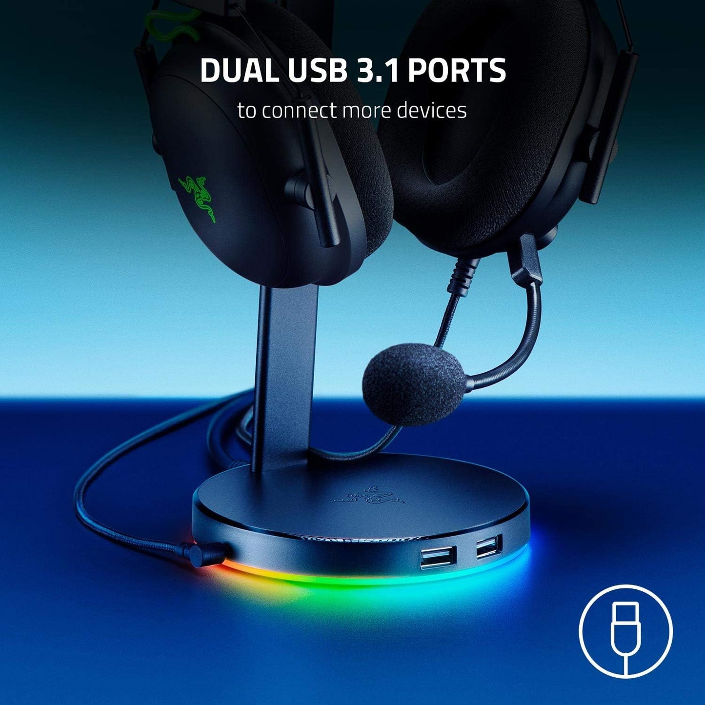 Razer Base Station V2 Chroma - Chroma Enabled Headset Stand with 3.1 USB Hub and 7.1 Surround Sound (2 USB 3.1 Ports, Intergrated Headset Stand, Non-Slip Base, Chroma RGB) Quartz Quartz Base Station V2 Chroma Single