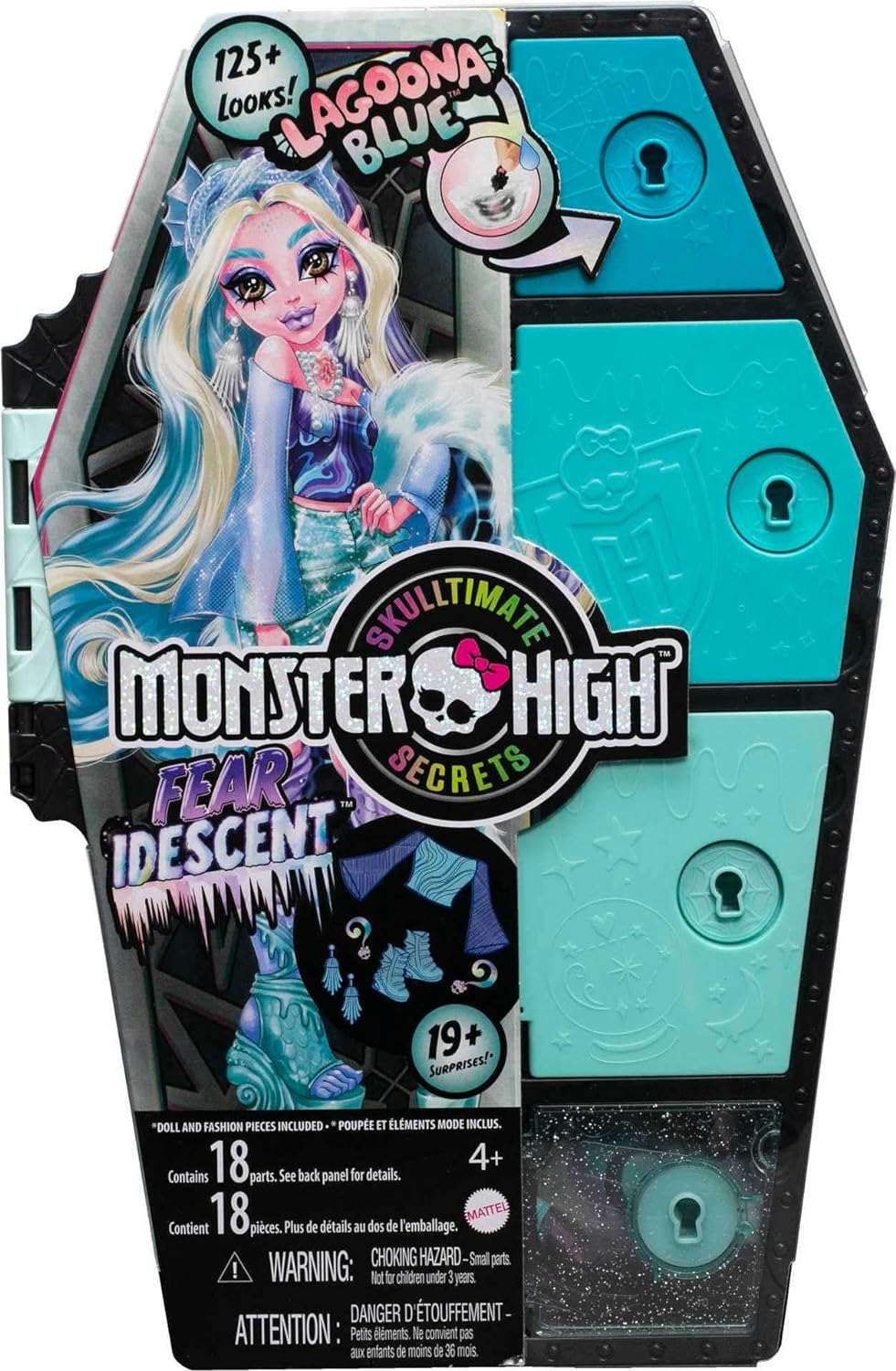 Monster High Skulltimate Secrets Fearidescent Series Doll & Accessories, Lagoona Blue, Dress-Up Locker, Color Reveal Keys & 19+ Surprises