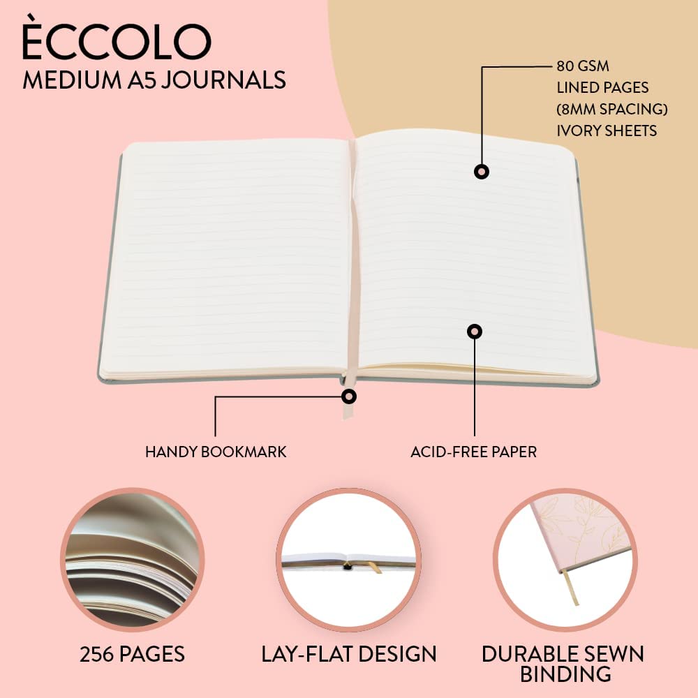 Eccolo Medium Lined Journal, Stitched Flexicover, A5 Writing Journal, 256 Ruled Ivory Pages, Ribbon Bookmark, Lay Flat, Notebook for Work or School, Gold Stitched Botanicals (5.75x8.25 inches)