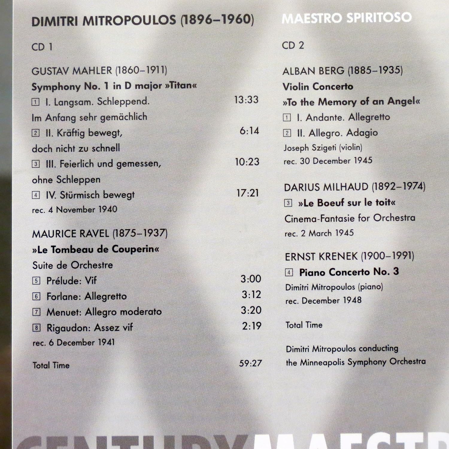 Mahler: Symphony 1; Ravel: Tombeau; Berg: Violin Concerto; Krenek: Concerto 3