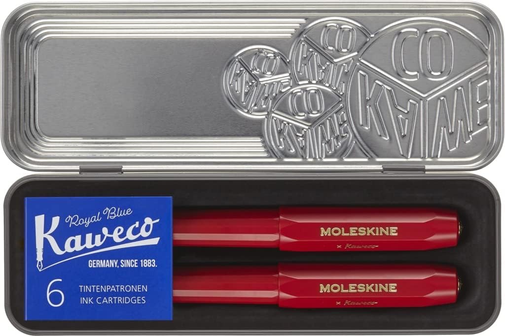 Moleskine x Kaweco Fountain Pen in ABS plastic with Gold-Plated Size M Nib and Refillable Ballpen for Writers, Note-Takers, Refill 1.0mm with Blue Ink and 6 Blue Ink Cartridges included, Color Red