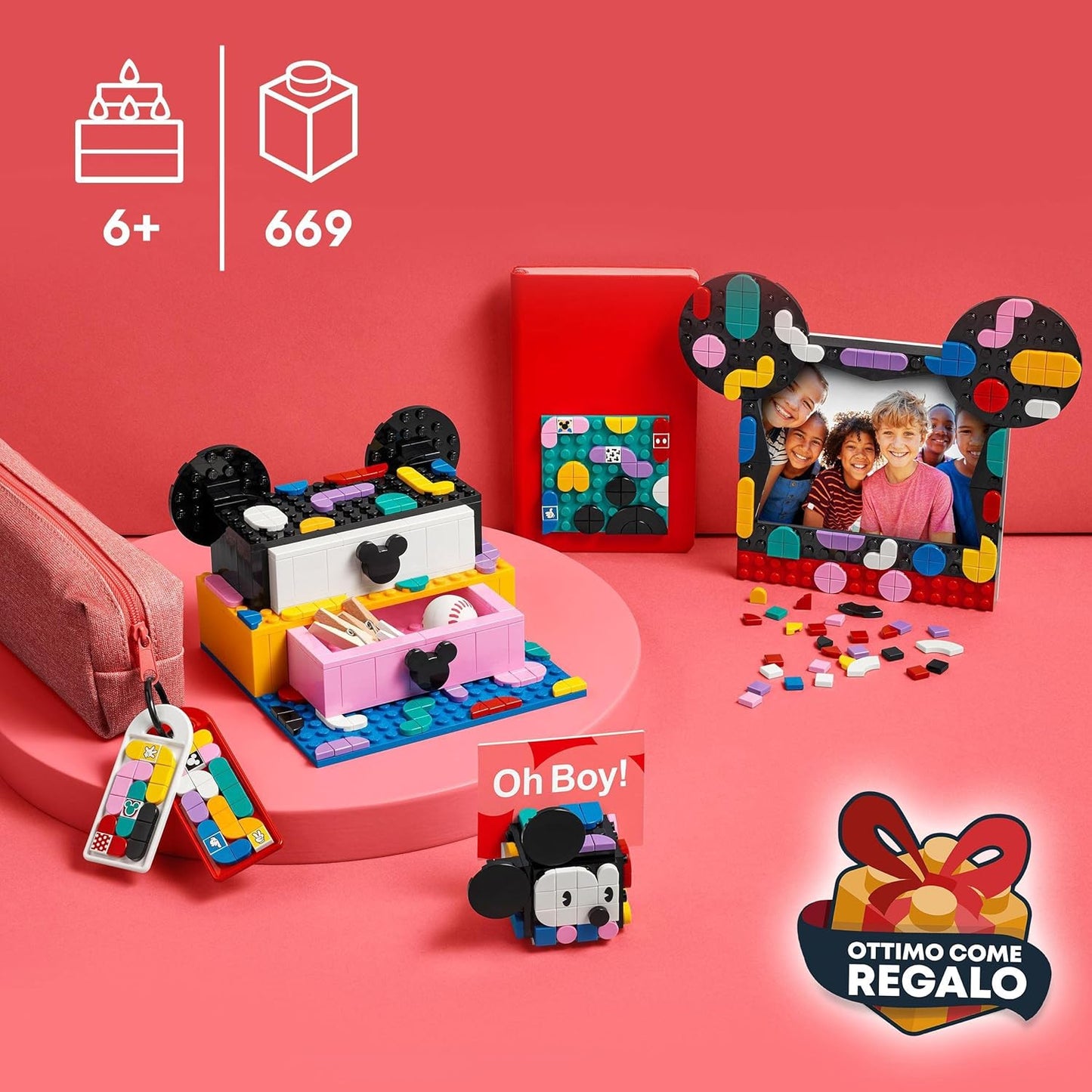 LEGO 41964 DOTS Disney Mickey & Minnie Mouse Back-to-School Project Box, 6in1 Toy Crafts Set with Bag Tags, Sticker Patch and Desk Tidy, Gifts for Kids Aged 6 Plus