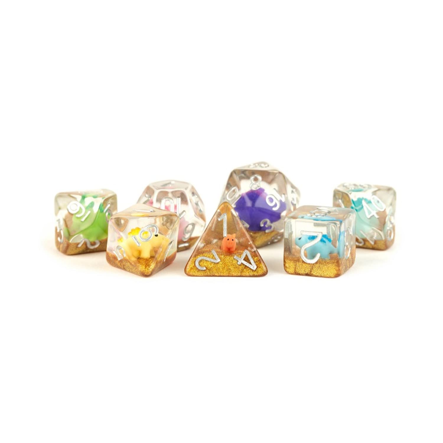 Metallic Dice Games Poly Set Dinosaur w/Silver (7)
