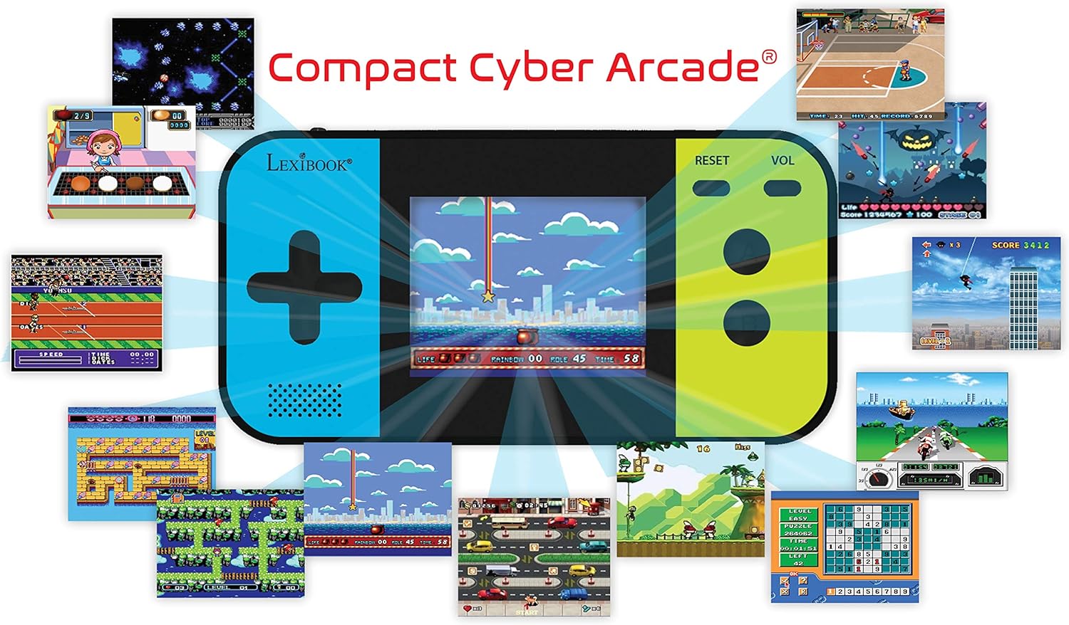 LEXiBOOK Compact Cyber Arcade Portable Gaming Console, 250 Gaming, LCD, Battery Operated, Video Game for Children, Black/Blue/Green