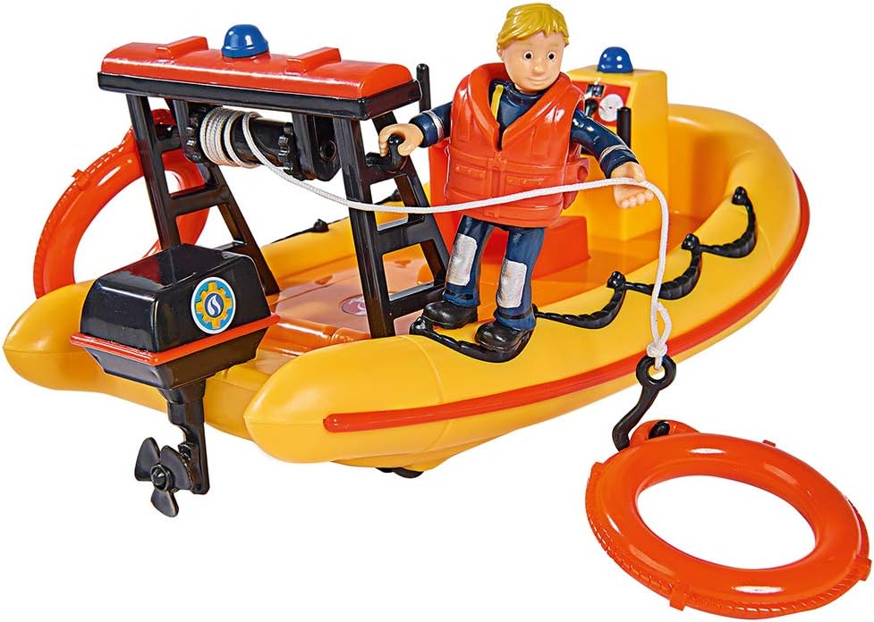 Simba 109251047 Fireman Sam Neptune Boat with Penny Figure in Diving Outfit, with Secret Compartment and Mechanical Winch, Floats on Water, 20 cm, for Children from 3 Years