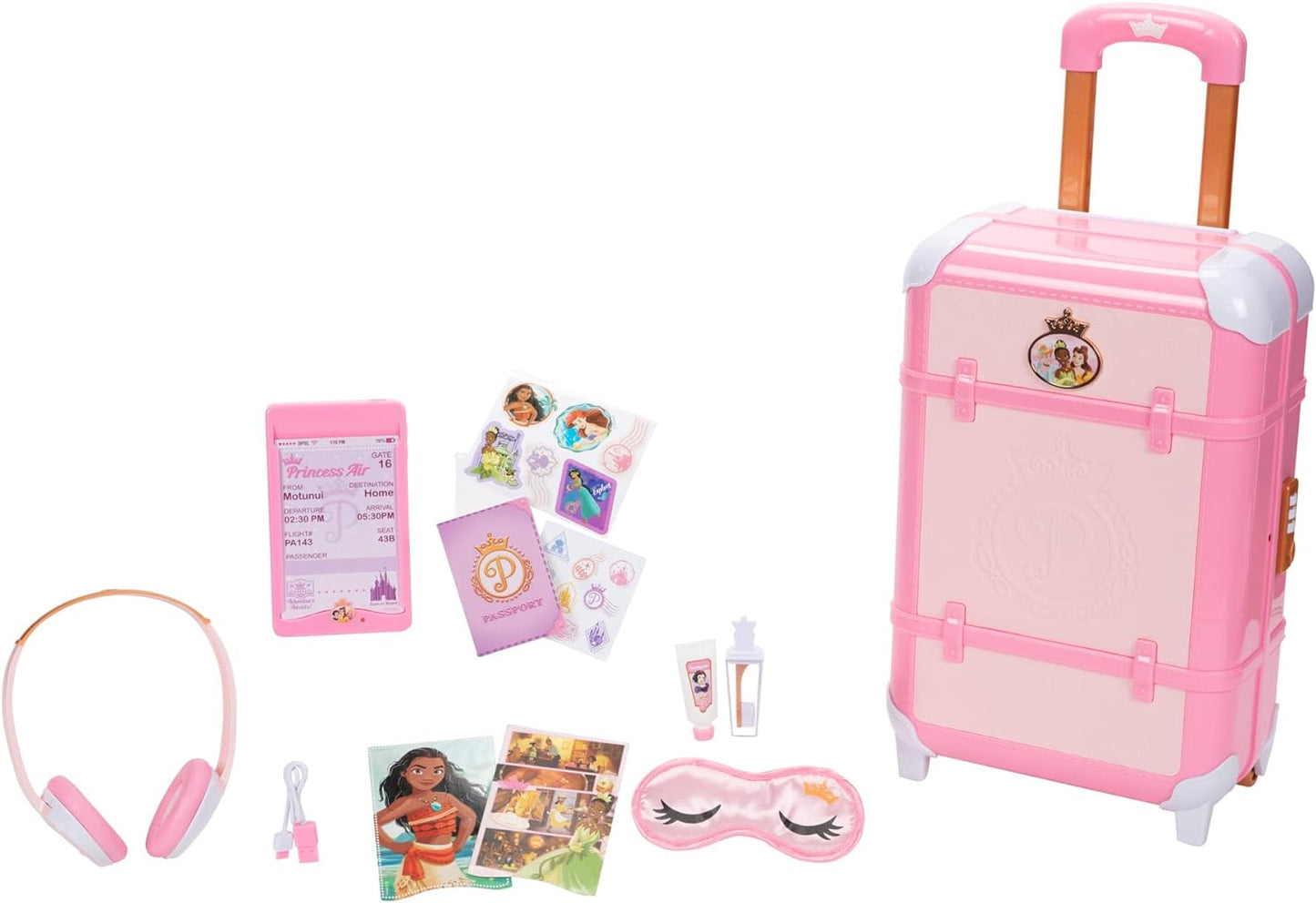 Disney Princess Travel Suitcase Play Set for Girls with Luggage Tag Style Collection, 14 Pretend Play Accessories Pieces Including Travel Passport! for Ages 3+