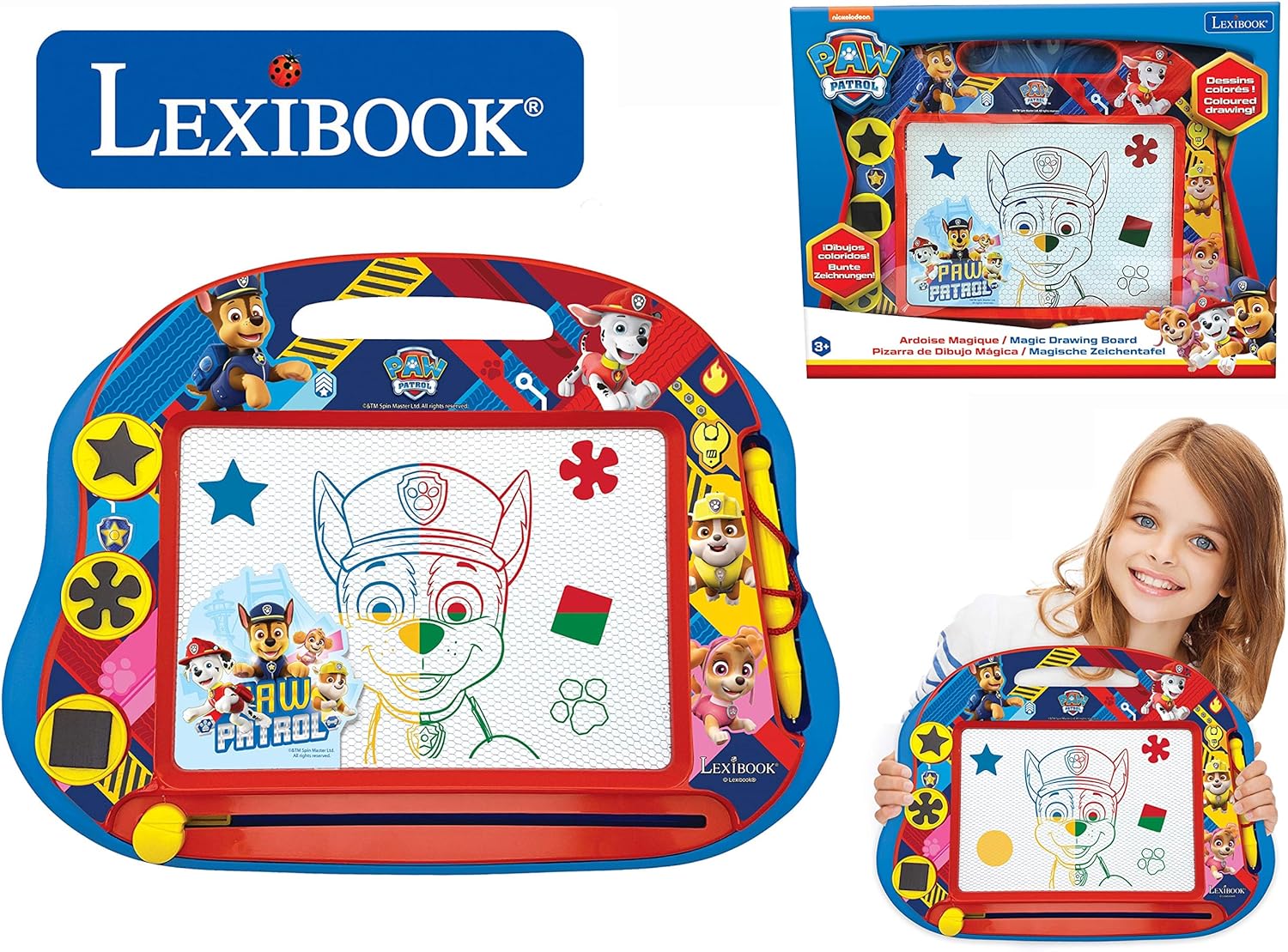 LEXIBOOK, Paw Patrol, Tablero de Dibujo magnético mágico Multicolor, Juguete Creativo artístico para niñas y niños, Lápiz óptico y Sellos, Rojo/Azul, CRPA550