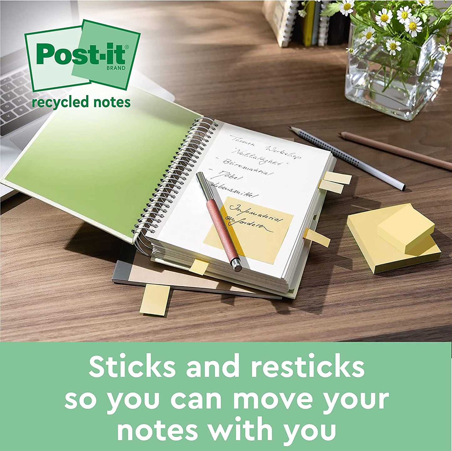 Post-it Super Sticky 100% Recycled Notes, Pack of 12 Pads, 70 Sheets per Pad, 47.6 mm x 47.6 mm, Canary Yellow - Extra Sticky Notes Made from 100% Recycled Paper