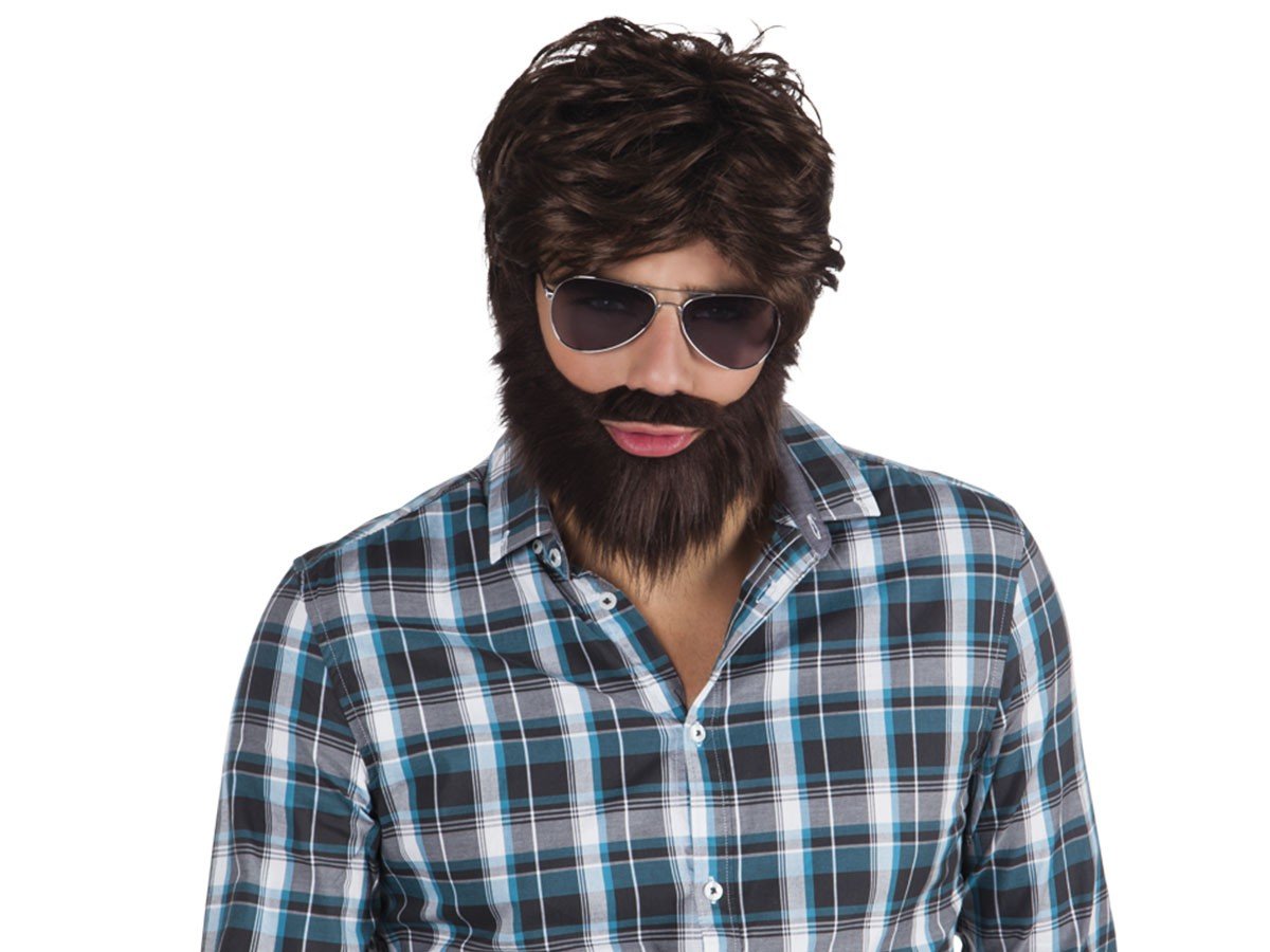 Mens Brown Hangover Wig Beard Moustache Kit Film Stag Do Party Fancy Dress Costume Outfit Accessory
