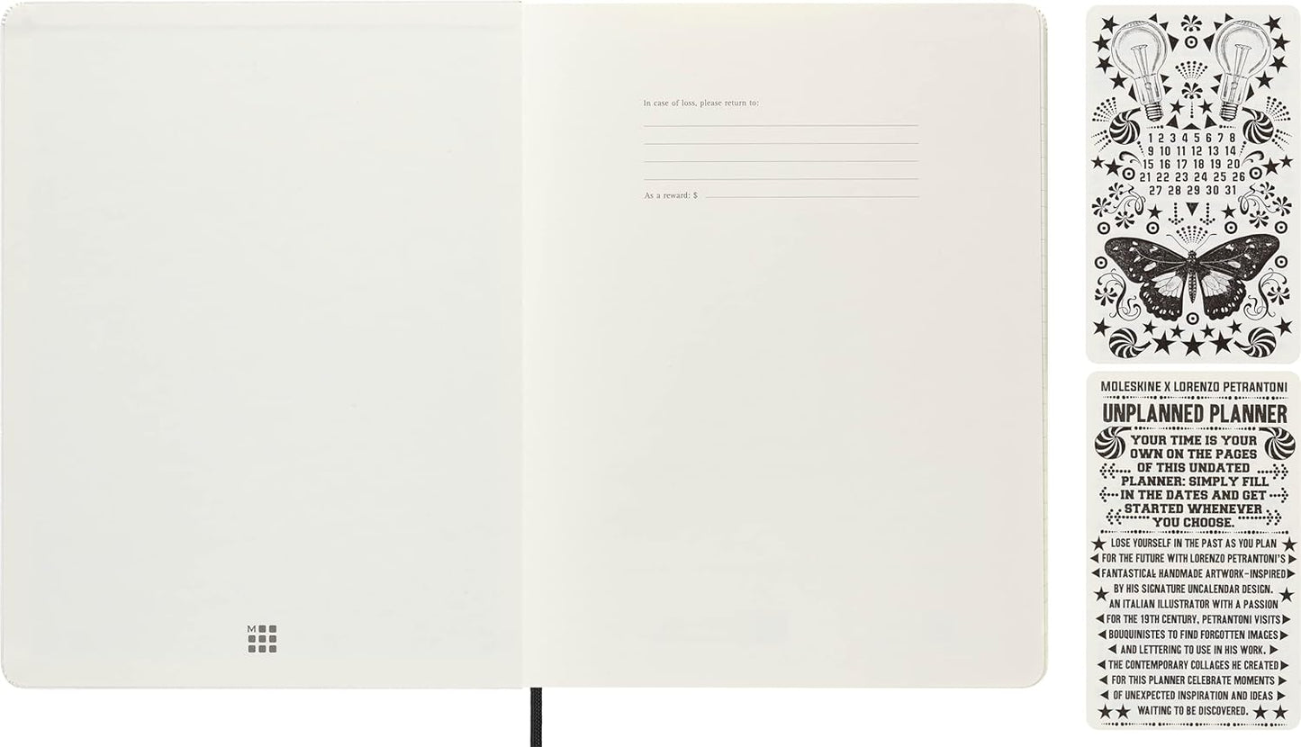 Moleskine x Lorenzo Petrantoni Unplanned Planner, Limited Edition Hard Cover and Elastic Closure Petrantoni Weekly Notebook, Size Extra Large 19x26 cm, White