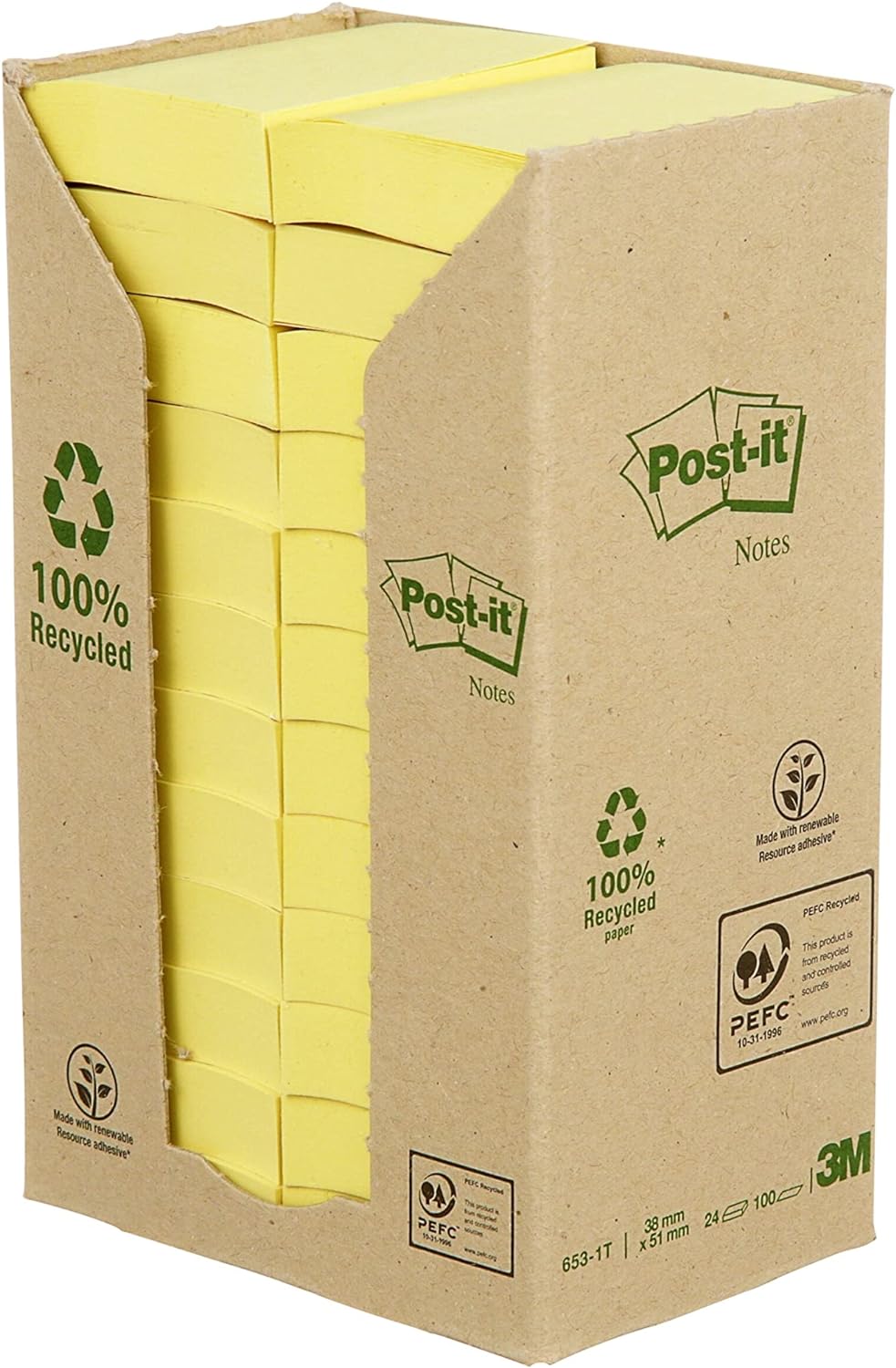 Post-it® Canary™ Yellow Recycled Notes - Tower Pack of 24 Pads - 38x51mm