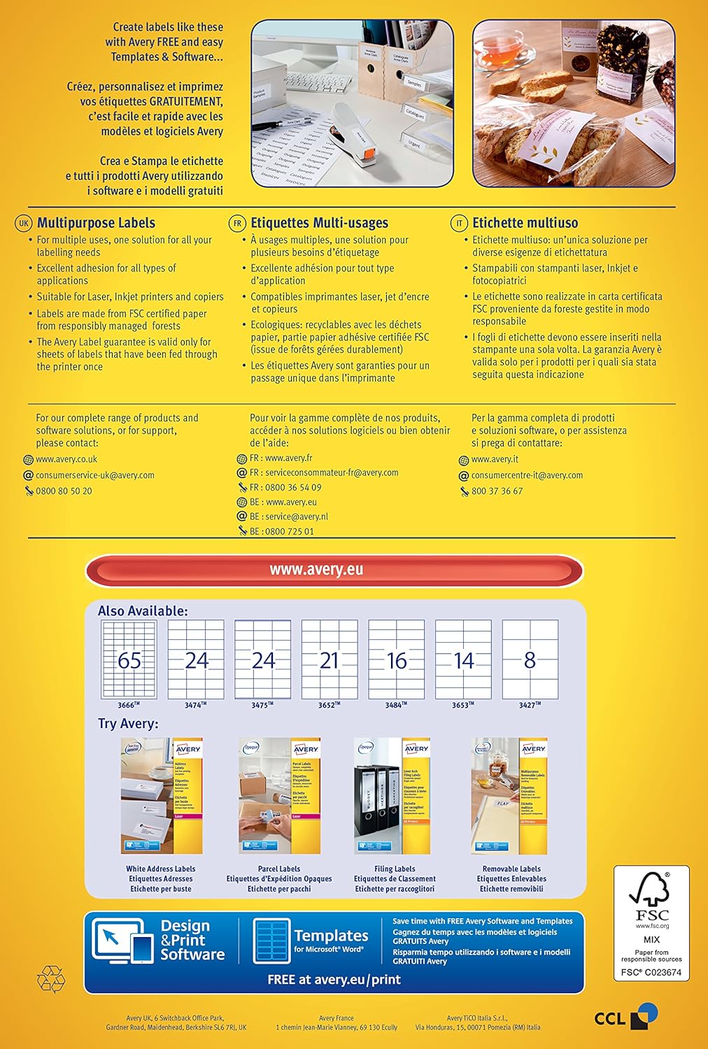 Avery 3652 self-adhesive Multipurpose/copier Labels, 21 labels per A4 Sheet, White (100 Sheets