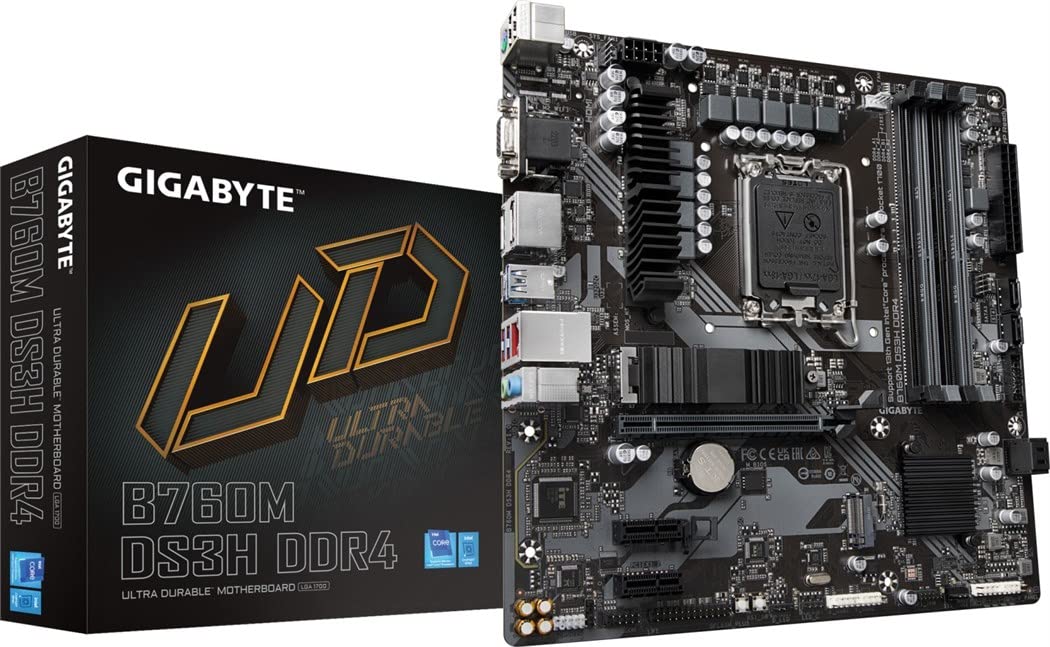 Gigabyte B760M DS3H DDR4 Motherboard - Supports Intel Core 14th Gen CPUs, 6+2+1 Phases Digital VRM, up to 5333MHz DDR4 (OC), 2xPCIe 4.0 M.2, 2.5GbE LAN, USB 3.2 Gen2