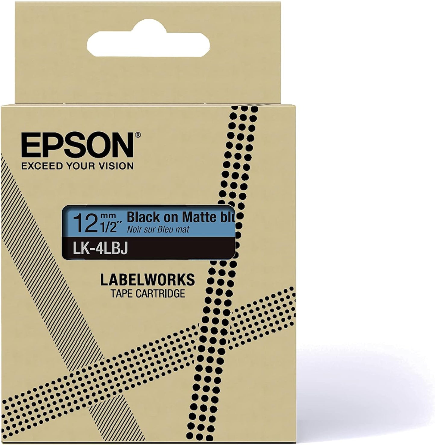 Epson Etikettenkassette, mattes Beschriftungsband LK-4LBJ schwarz auf blau, langlebiges Band für Epson LabelWorks Etikettendrucker, wasser- & verschleißfest, 8 m x 12 mm