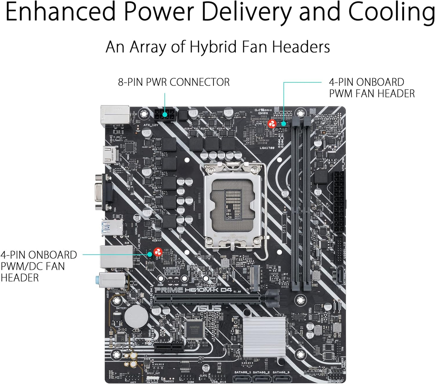 ASUS Prime H610M-K D4 Intel H610 (LGA 1700) mic-ATX motherboard with DDR4, PCIe 4.0, M.2 slot, Realtek 1 Gb Ethernet, HDMI, D-Sub,USB 3.2 Gen 1 ports, SATA 6 Gbps, COM header, RGB header