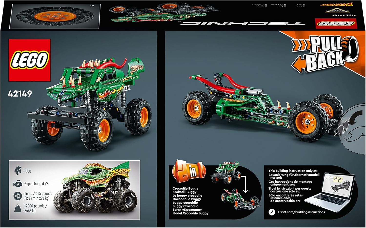 LEGO Technic Monster Jam Dragon Monster Truck Toy for 7 Plus Year Old Boys and Girls, 2in1 Racing Pull Back Car Toys for Off Road Stunts & Imaginative Play, Kids' Birthday Gift Idea 42149 Single
