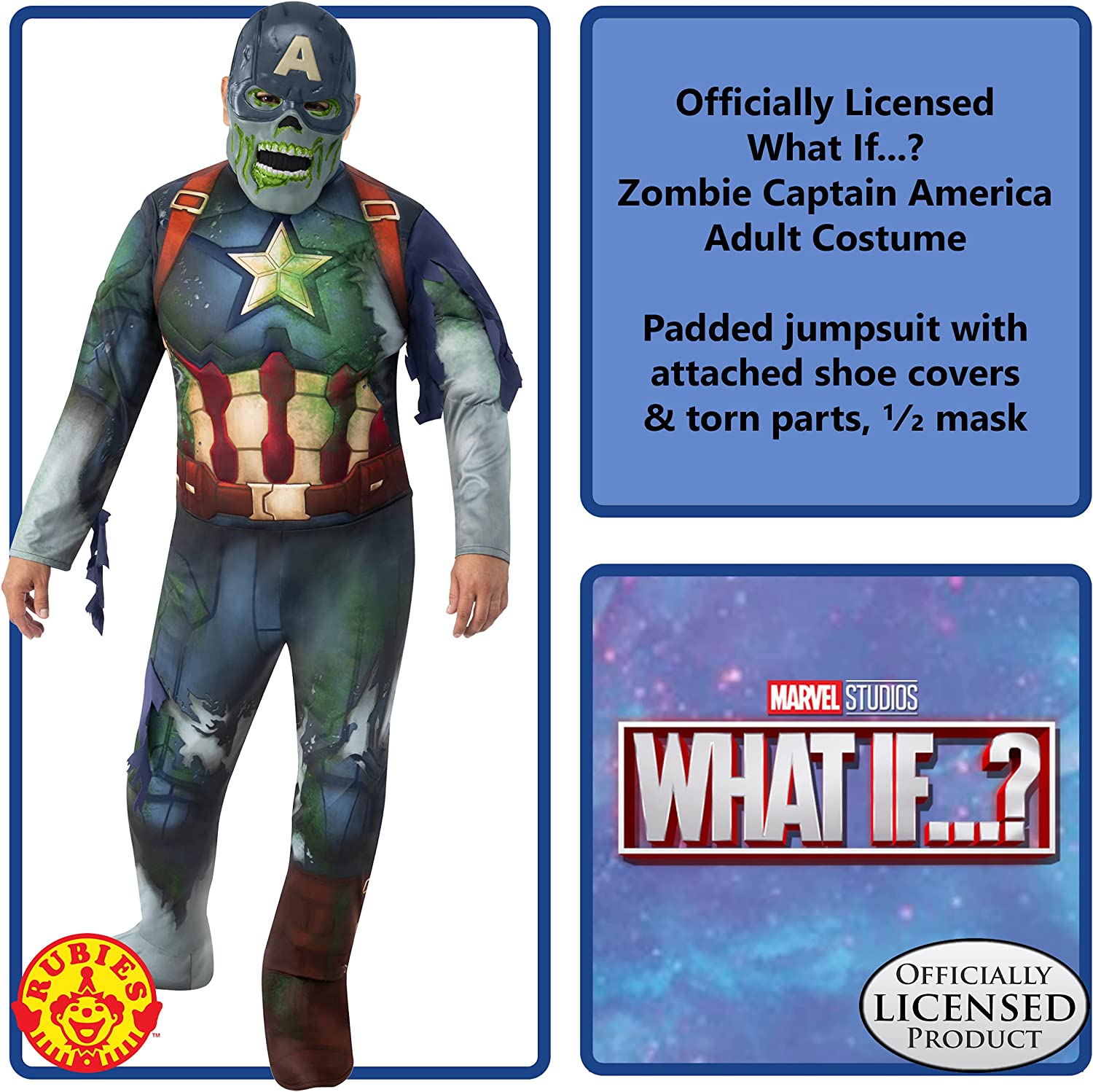 Rubies Official Disney Plus What If Zombie Captain America Deluxe Adult Costume, Halloween Fancy Dress