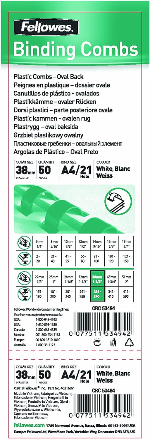 Fellowes 38 mm A4 Oval Plastic Binding Combs - Black, Pack of 50