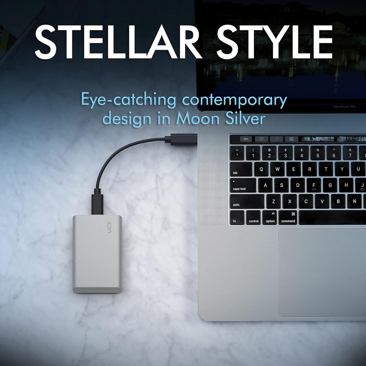 LaCie Portable SSD, 1TB, External SSD, USB-C, Iphone 15 Pro compatible, 2nd generation USB 3.2, speeds up to 1050MB/s, Moon Silver, for Mac, PC and iPad, 3 year Rescue Services (STKS1000400
