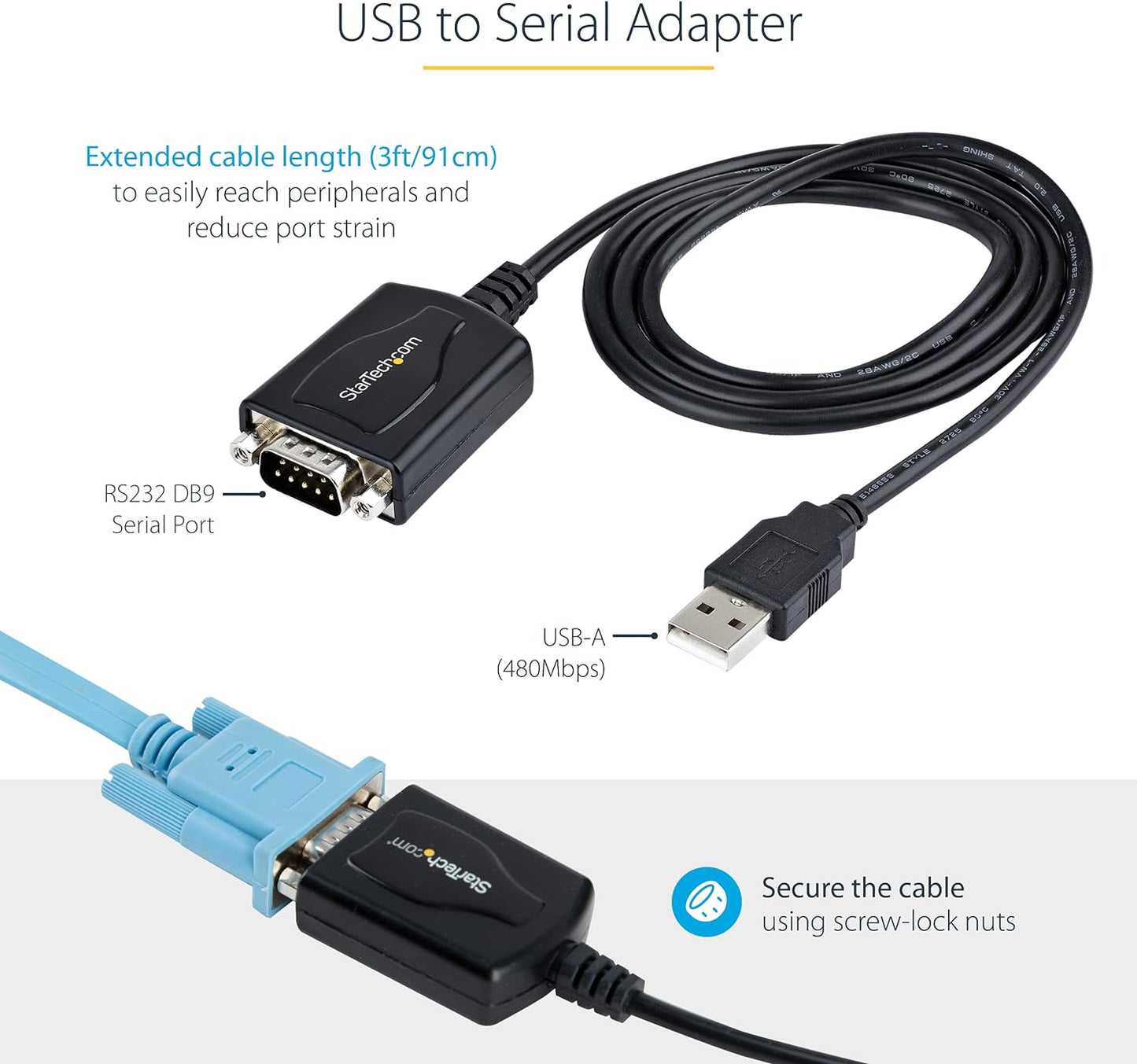 StarTech.com 3ft (1m) USB to Serial Cable with COM Port Retention, DB9 Male RS232 to USB Converter, USB to Serial Adapter for PLC/Printer/Scanner, Prolific Chipset, Windows/Mac (1P3FPC-USB-SERIAL