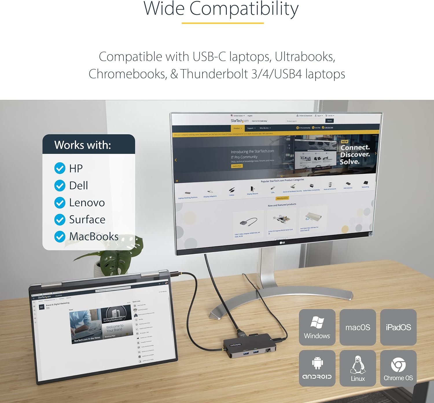 StarTech.com USB C Multiport Adapter, Dual HDMI Video, 4K 60Hz, 2Pt 5Gbps USB-A Hub, 100W Power Delivery Pass-Through/GbE/SD, 12"/30cm Cable, Travel Laptop Docking Station (120B-USBC-MULTIPORT