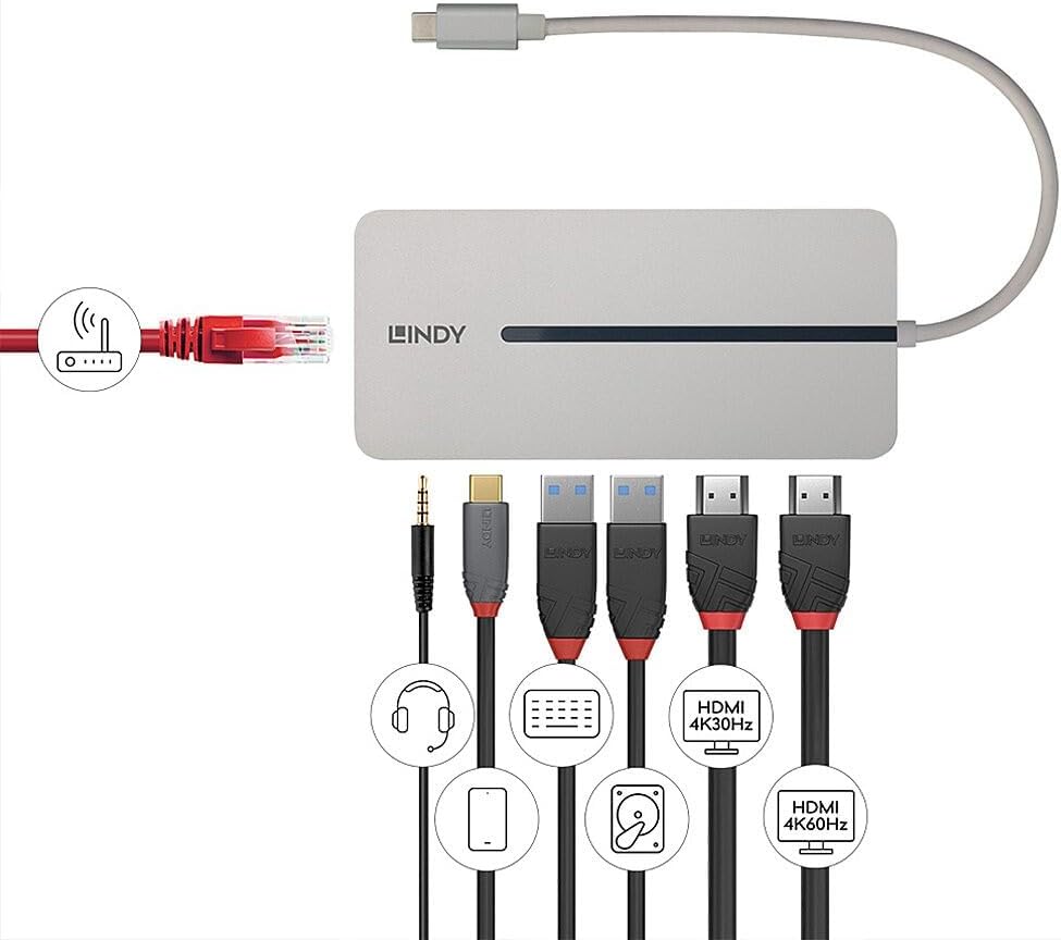 Lindy DST-Mx Duo Docking Station | Dual 4K HDMI Display Support | Use with Windows PCs & Apple M1, M2, M3 MacBooks | USB-C with 100W PD, Gigabit Ethernet, USB 3.2 | Aluminium Body | Easy Driver Setup