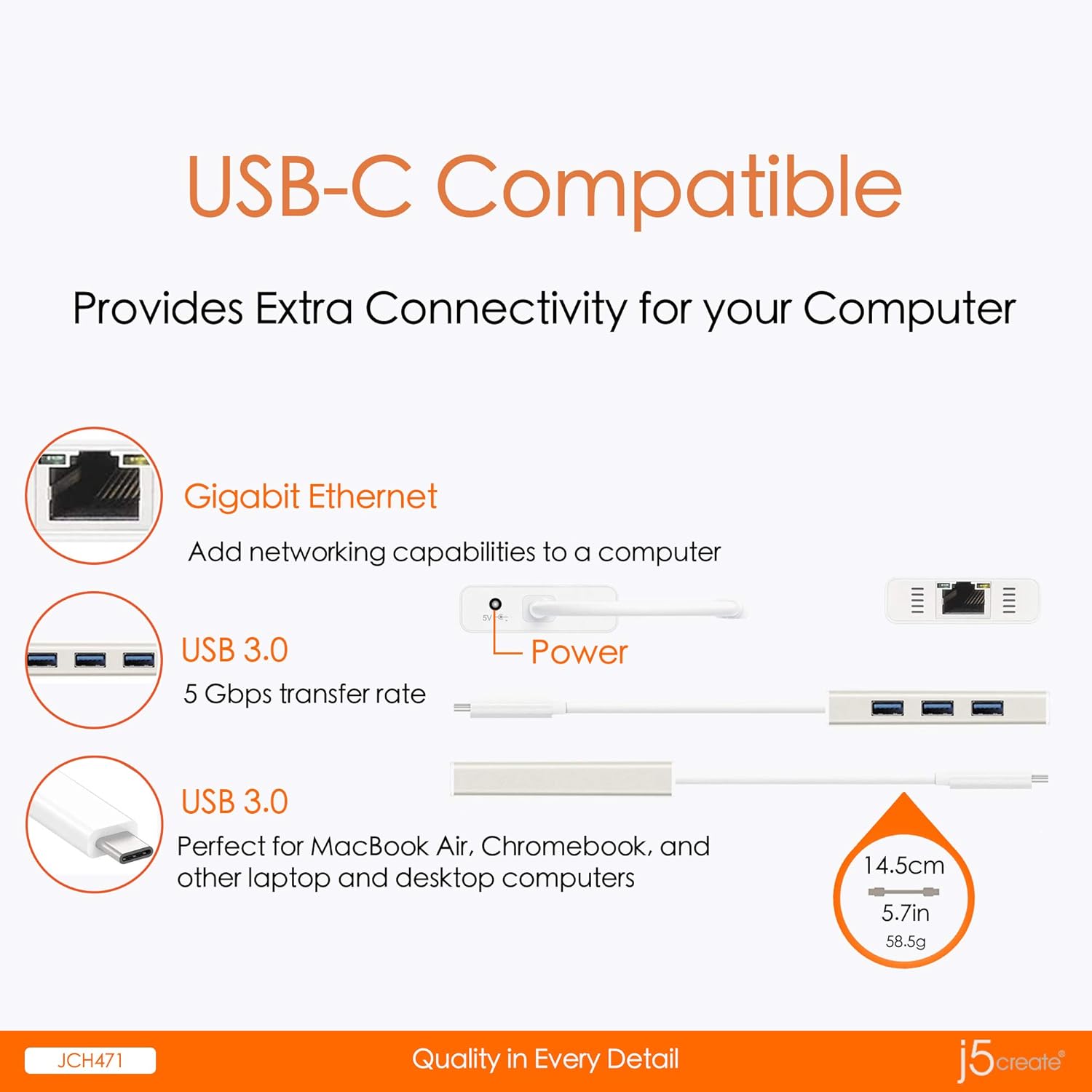 j5create USB Type-C Hub Adapter with Gigabit Ethernet and 3x USB 3.0 ports