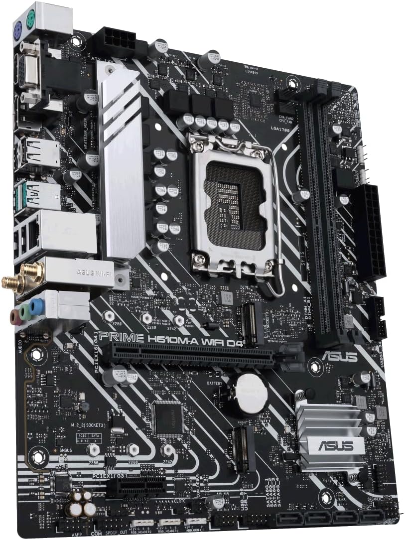 ASUS Prime H610M-A WIFI D4 Intel H610 (LGA 1700) mic-ATX motherboard with DDR4, PCIe 4.0, dual M.2 slots, Intel 1 Gb Ethernet, WIFI 5, DisplayPort, HDMI, D-Sub, USB 3.2 Gen 2 ports, SATA 6 Gbps