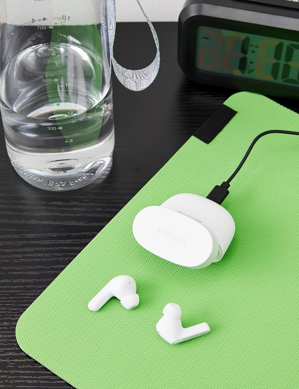 PHILIPS Auricolari Bluetooth con Microfono Wireless, Resistenti al Sudore, 18 Ore di Riproduzione, Morbidi e Confortevoli Earbuds, Auricolari TAT2206WT/00