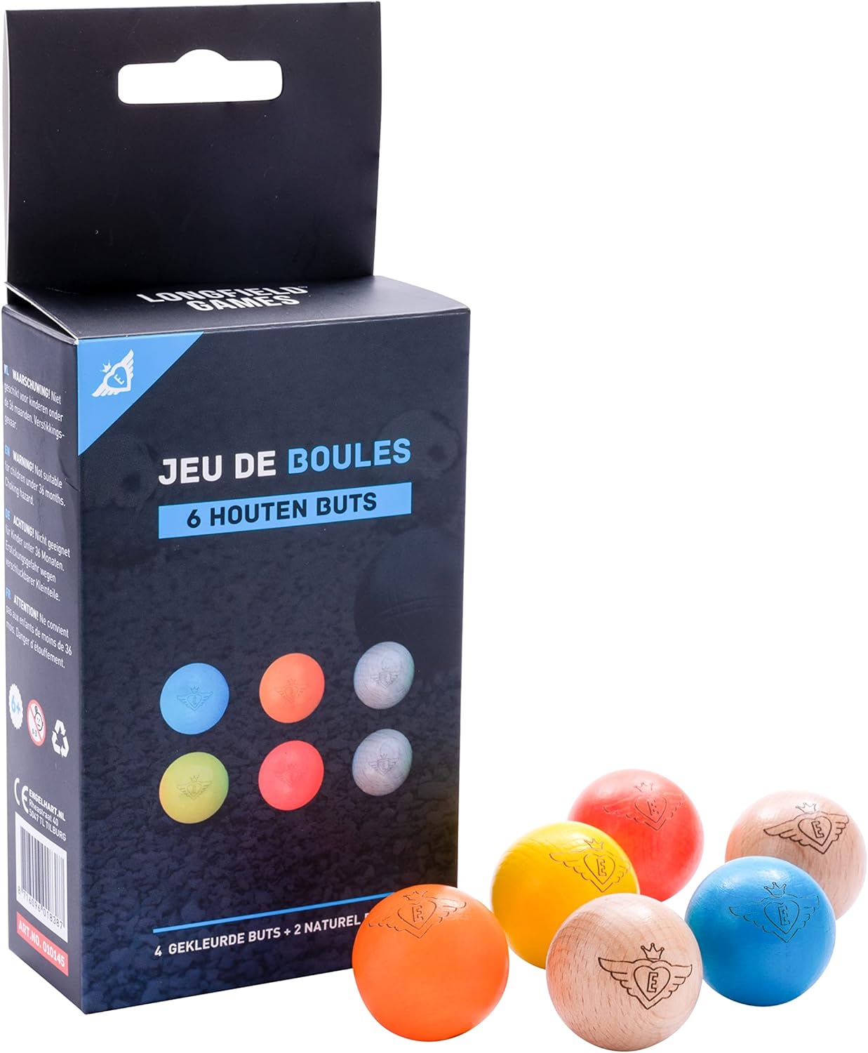 Engelhart - 2 natural and 4 beautiful colourful wooden target balls for boule games - 30 mm - 10 g