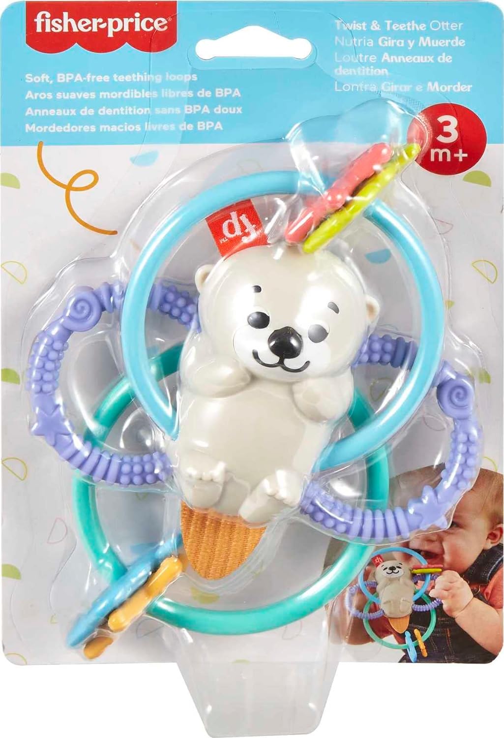 Fisher-Price Baby Rattle and BPA-Free Teething Toy with Flexible Rings for Newborns, Twist & Teethe Otter, HJW12