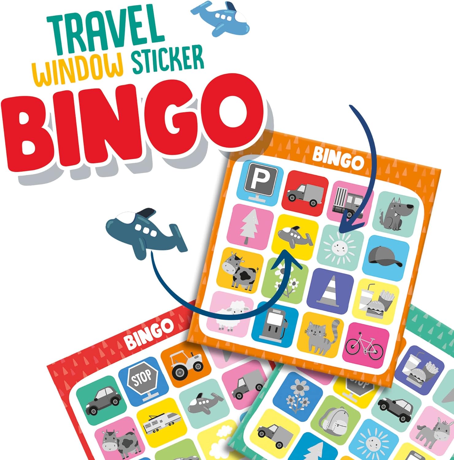 SES Creative 02238 Travel window sticker bingo - Re-usable stickers that can be stuck the window and bingo cards, Age 3+, Red