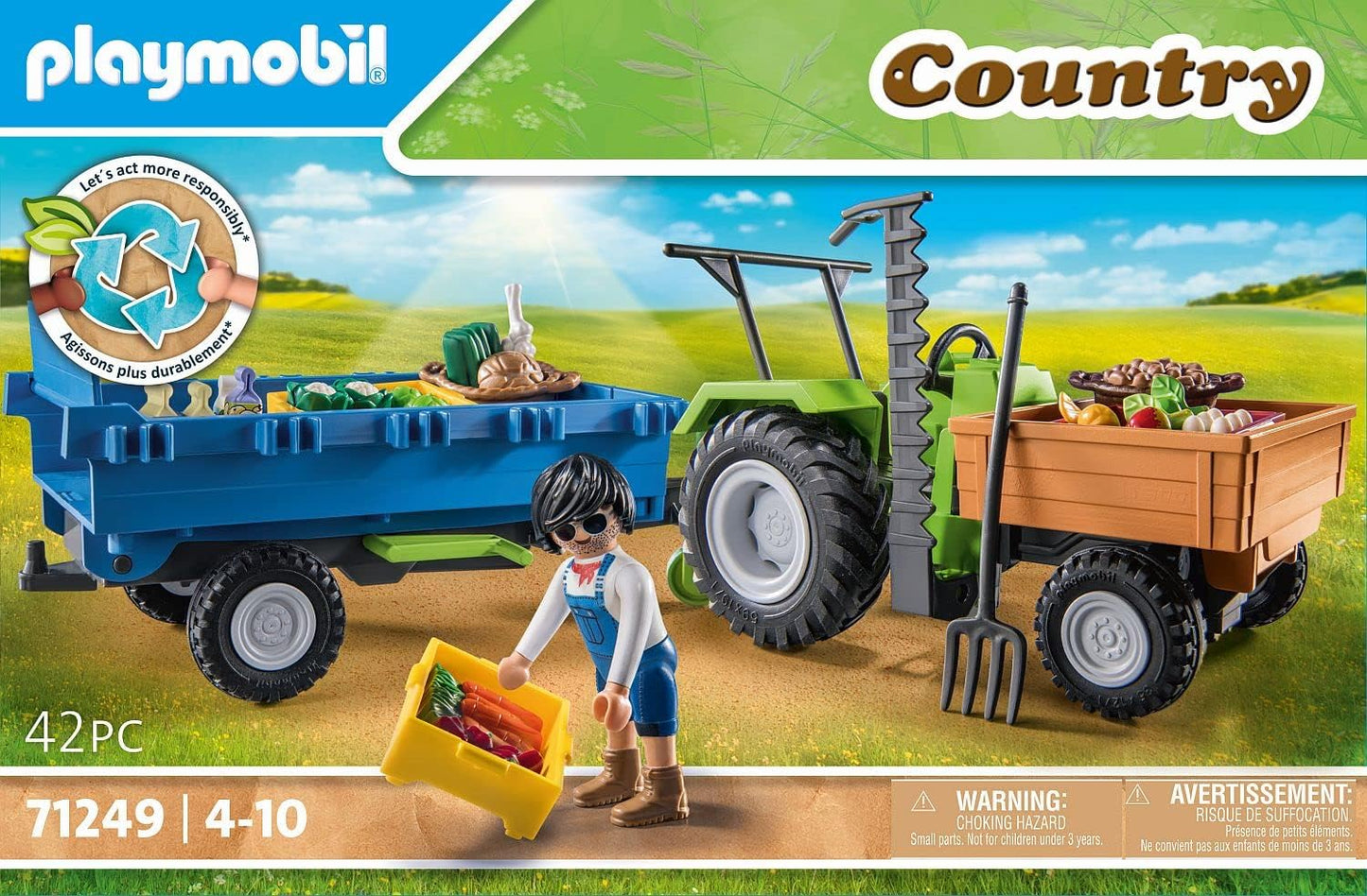 Playmobil 71249 Country Tractor with Harvesting Trailer, farm animal play sets, sustainable toys, fun imaginative role play, playsets suitable for children ages 4+