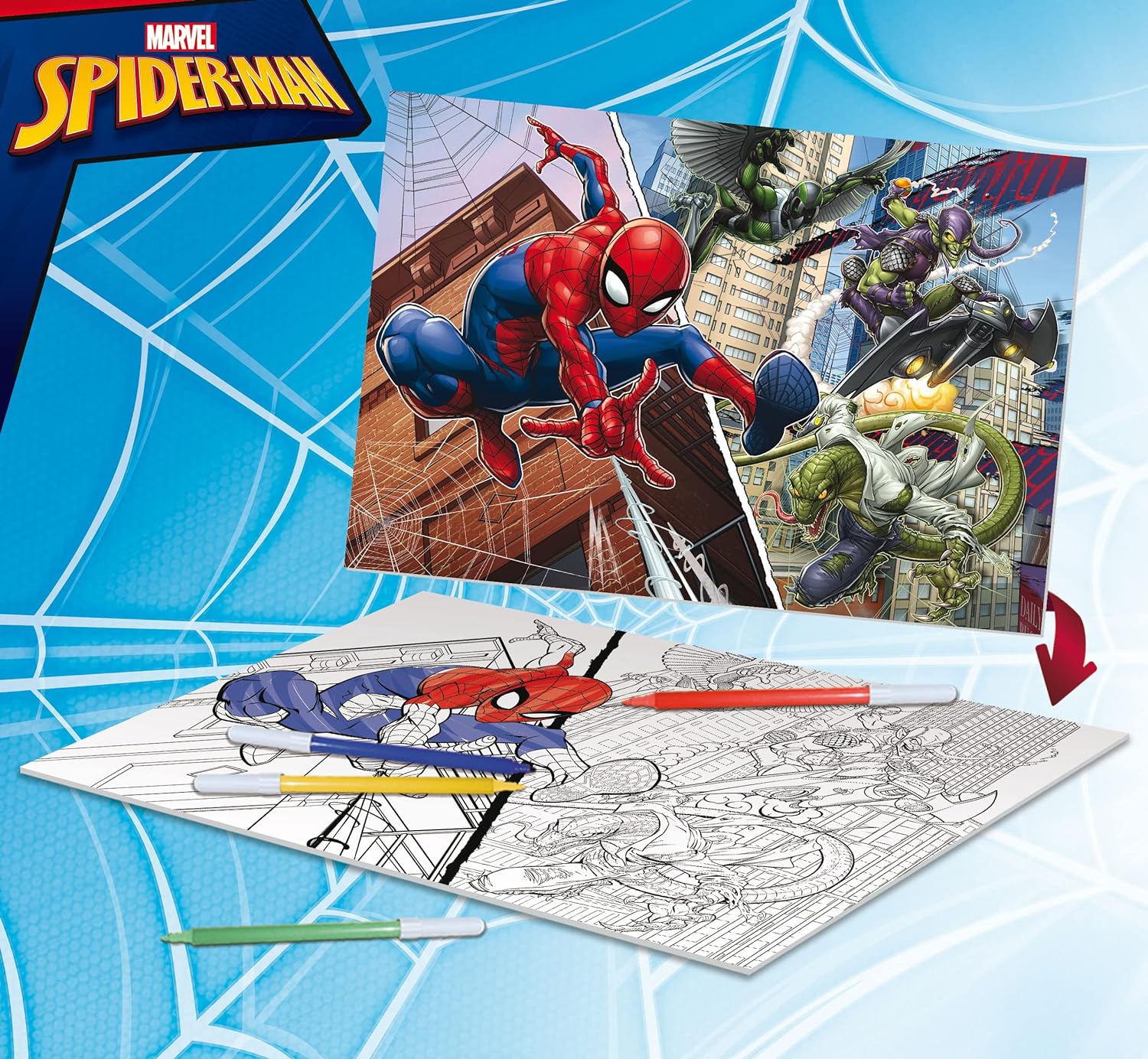 Liscianigiochi - Marvel Puzzle DF Plus 108 Spiderman, Mehrfarbig (99702) - Rekonstruiere und kolorieren die schönsten Szenen deines Lieblingssuperhelden! Marvel Puzzle 108 Teile Spiderman