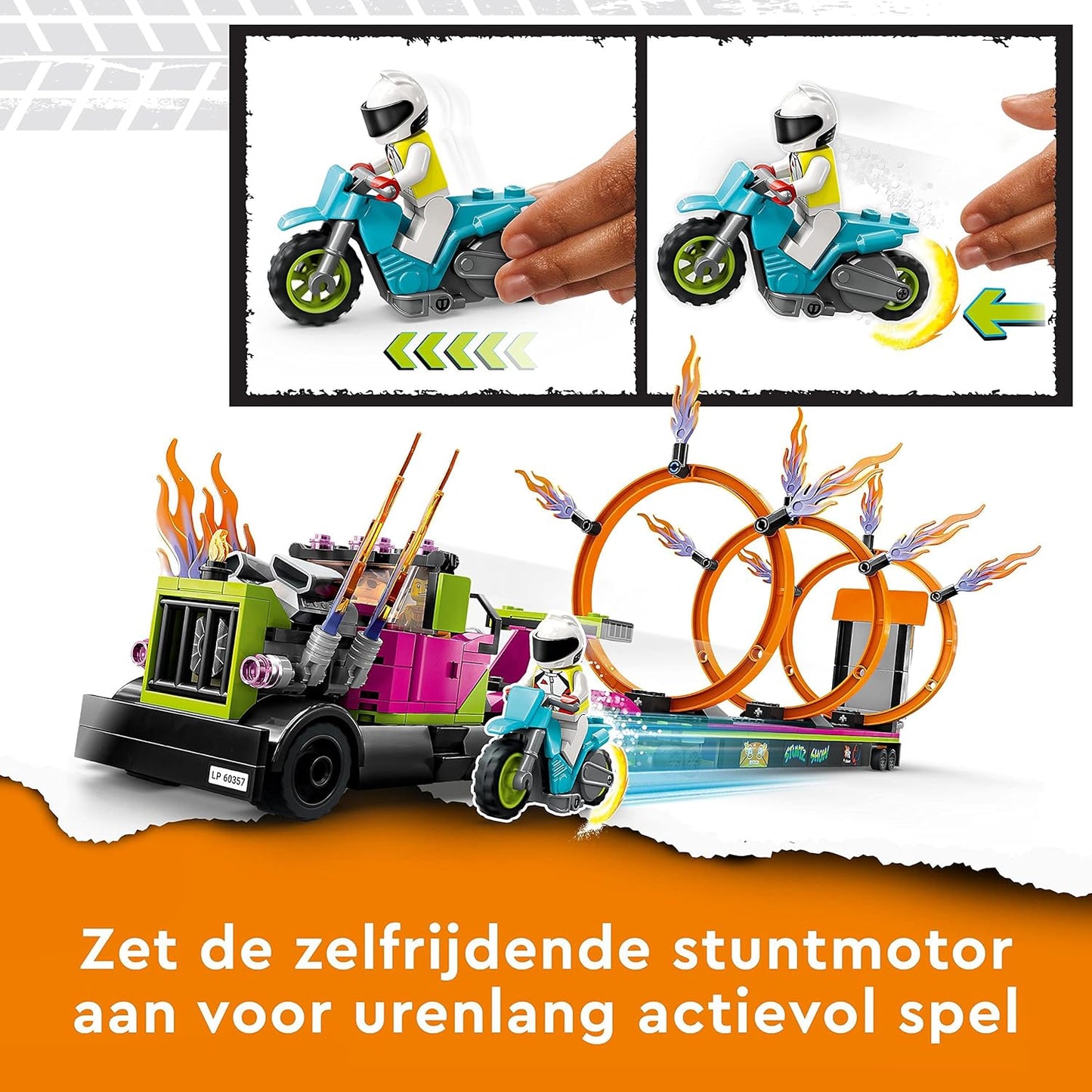 LEGO 60357 City Stuntz Stunt Truck & Ring of Fire Challenge with Flywheel-Powered Motorbike Toy and Minifigures, Fun Gift for Kids Aged 6 Plus, 2023 Set Single